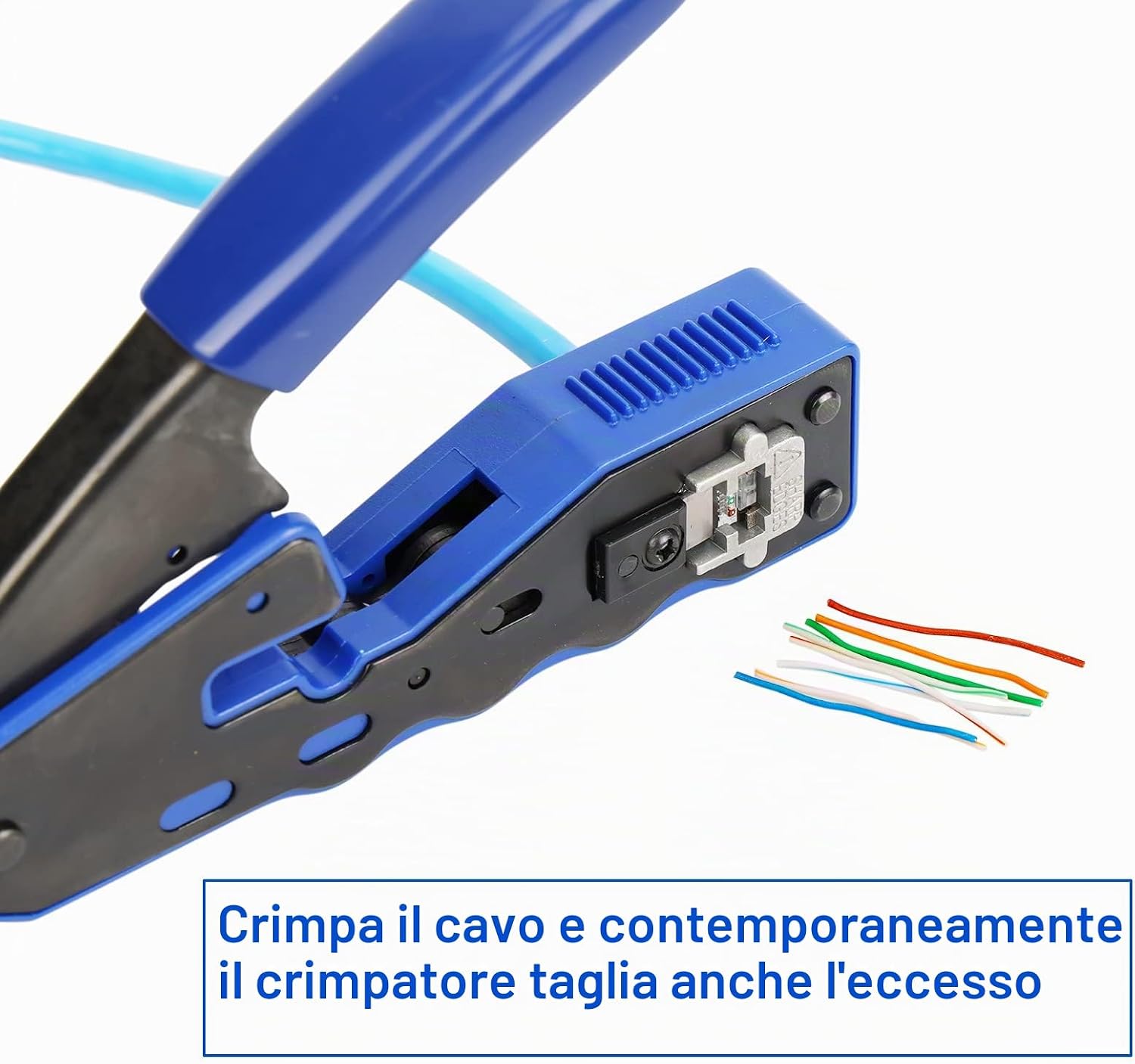 Detalle de Hiija pinza crimpatrice RJ45 passante 8P8C + kit per cavi LAN (Cat5, Cat5e, Cat6) con 50 connettori RJ45, coperture e tester