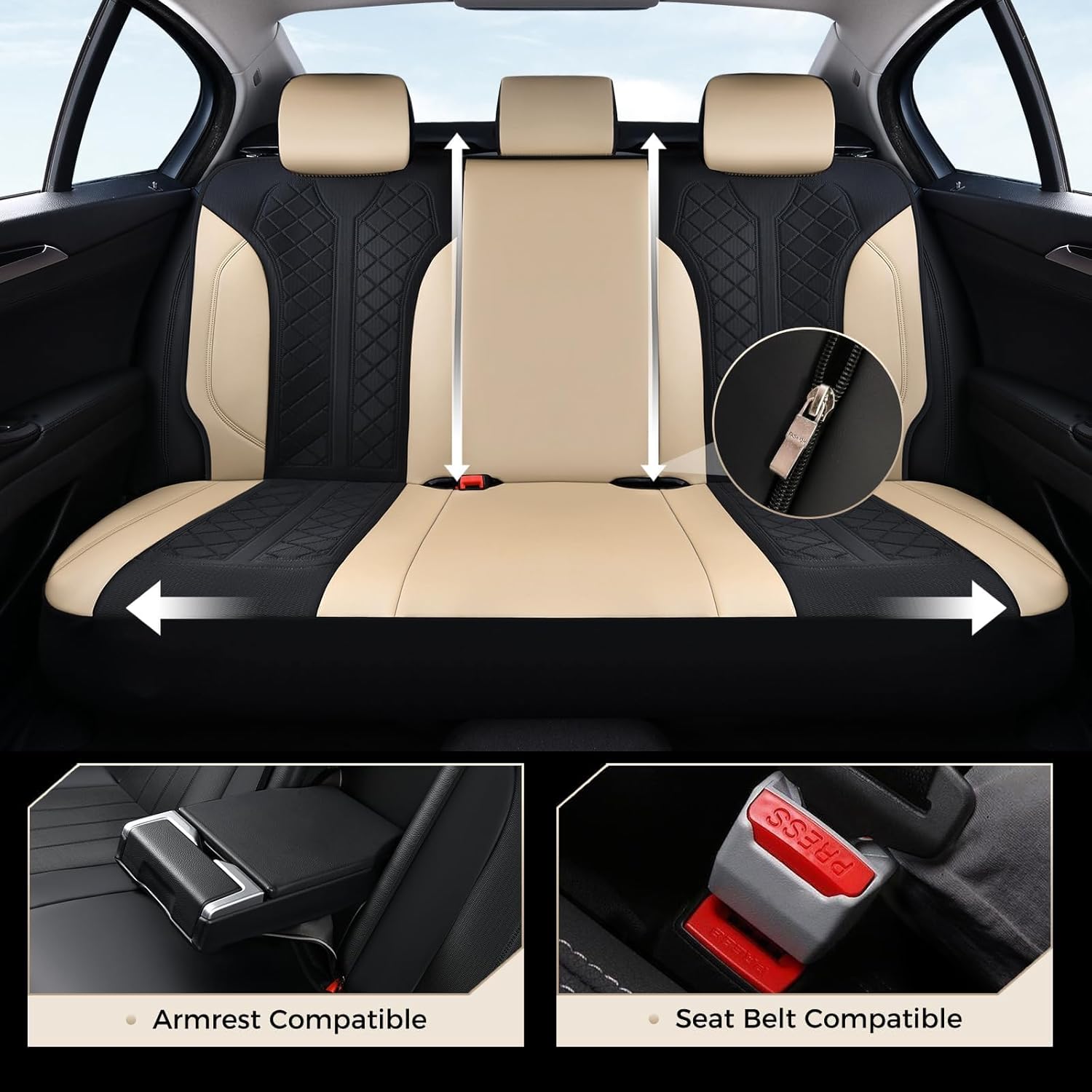 Thumbnail 3 de Coverado Seat Covers Full Set: Beige PU Leather with Breathable Mesh, 5-Piece Universal Car Seat Protectors