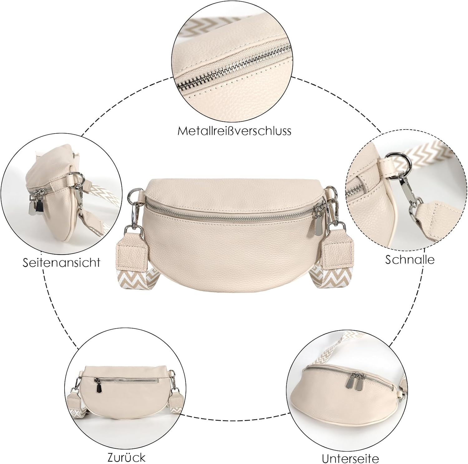 Detalle de TANTOMI Damen Umhängetasche Bauchtasche aus Leder – Crossbody/Gürteltasche mit breitem verstellbarem Gurt