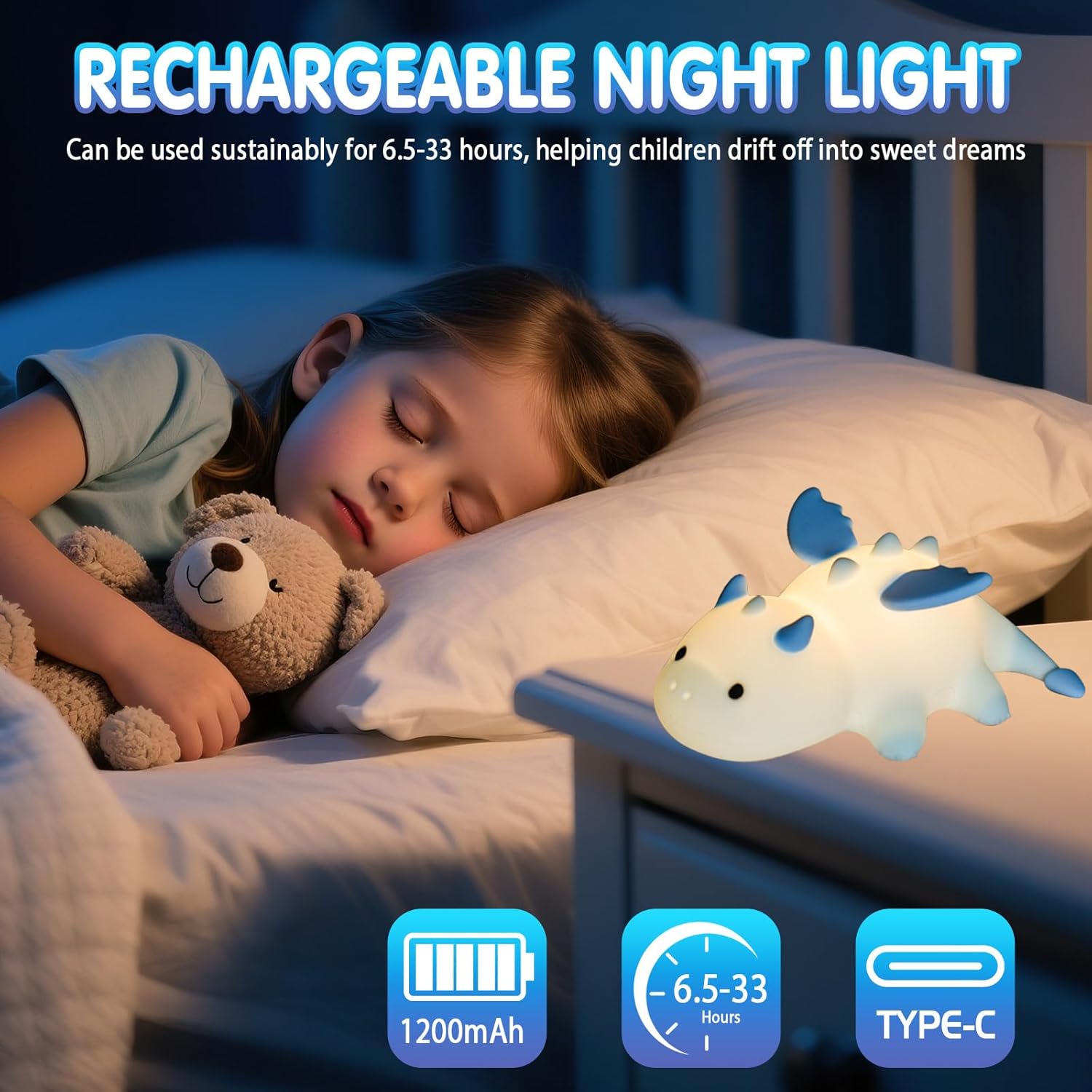 Thumbnail 4 de Drepint Nachtlicht Kinder – Dimmbare Drachen-Nachtlampe aus Silikon, wiederaufladbar, 7 Farben, 3 Helligkeiten, 30-min. Timer