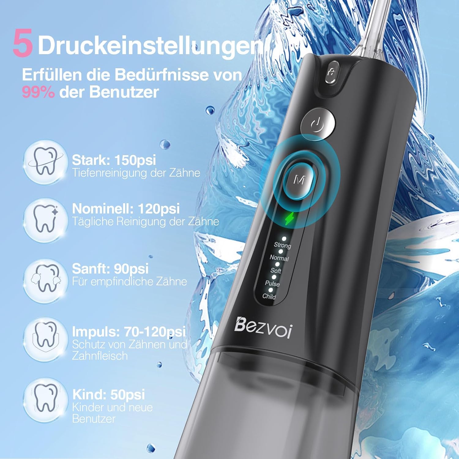 Thumbnail 2 de Bezvoi Kabellose Munddusche – 5 Modi, 300 ml Tank, IPX7, 6 Düsen, USB-C
