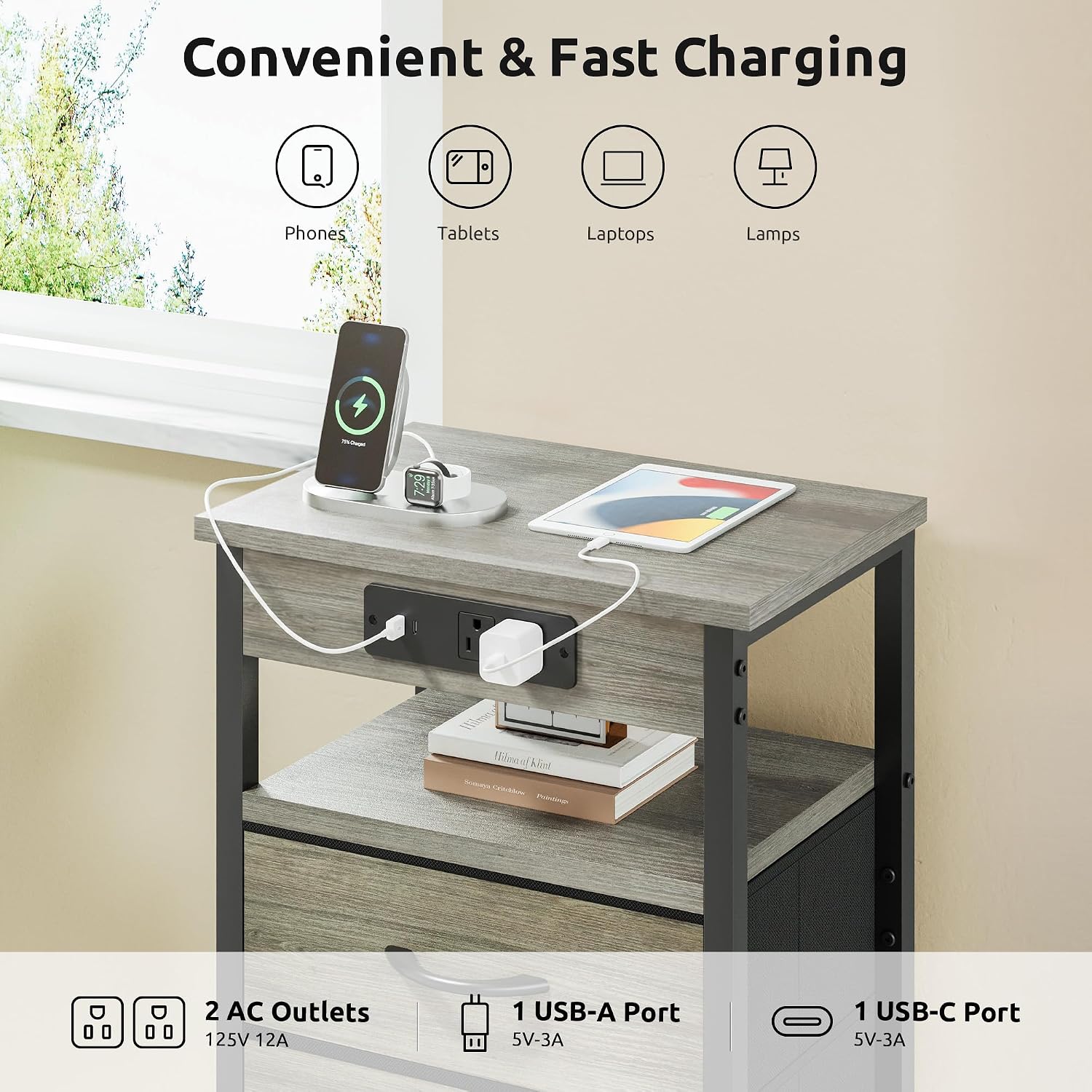 Thumbnail 4 de Lazzanto NightStand Bedside Charging Table with USB-C, USB Ports, and 2 Outlets