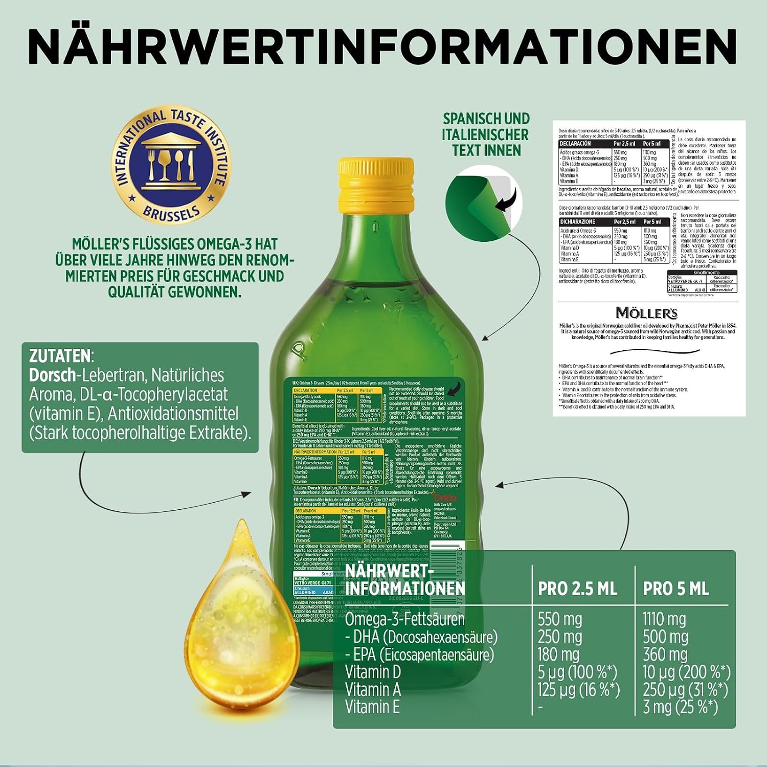 Detalle de Möller's Omega 3 Lebertran Öl | Nordic Omega 3 – Lebertran mit EPA/DHA, Vitamin A, D, E (500 ml)