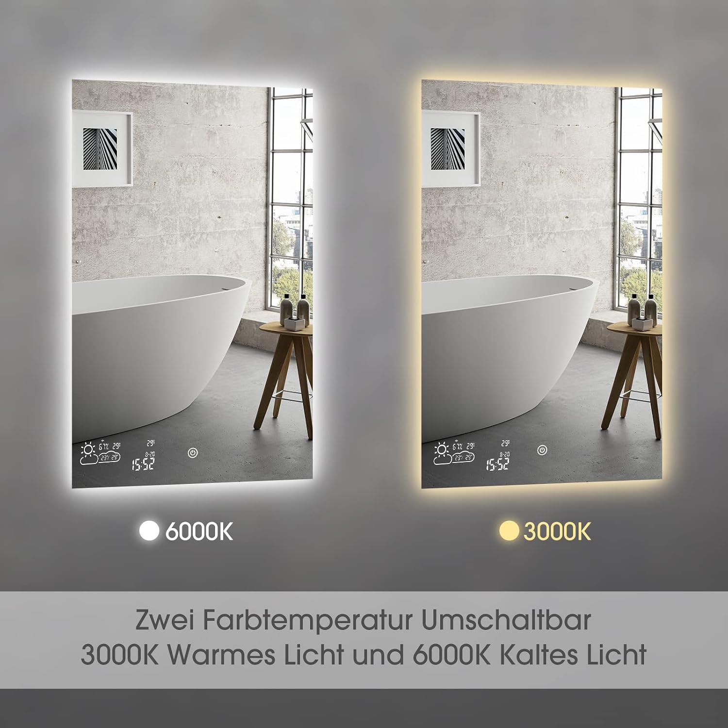 Detalle de Byecold specchio da bagno 100 x 60 cm senza cornice con LED, sensore touch e display meteo