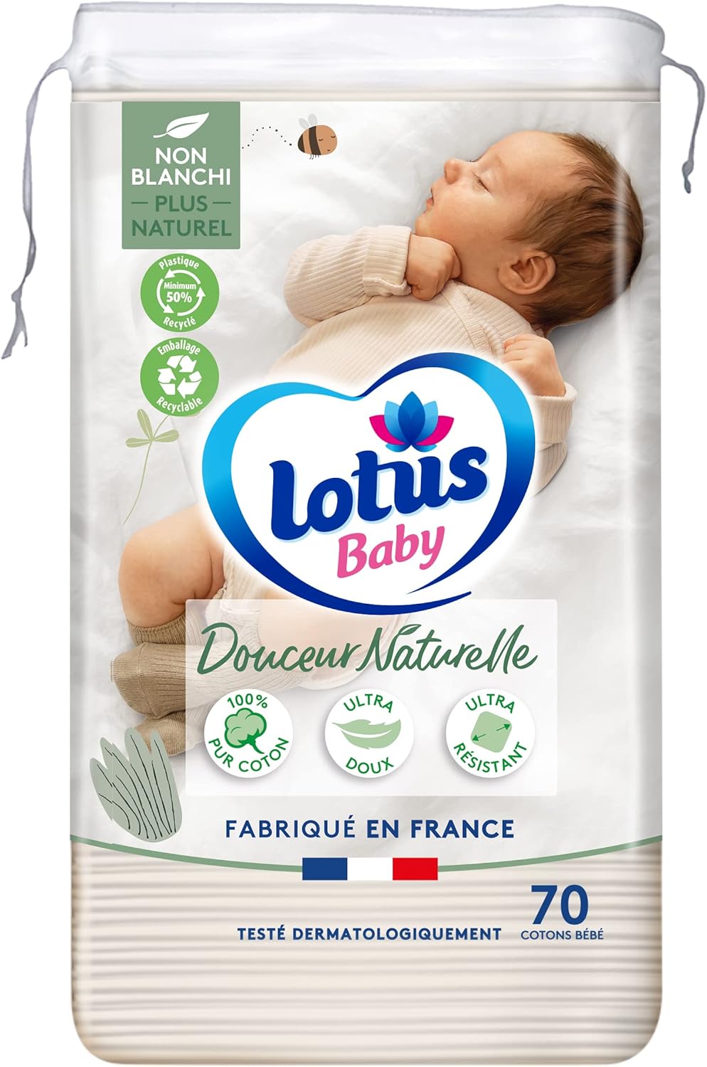 Detalle de Lotus Baby Peau Nette – Cotons bébé 510 carrés (6 paquets de 85) – coton naturel, douceur et fiabilité