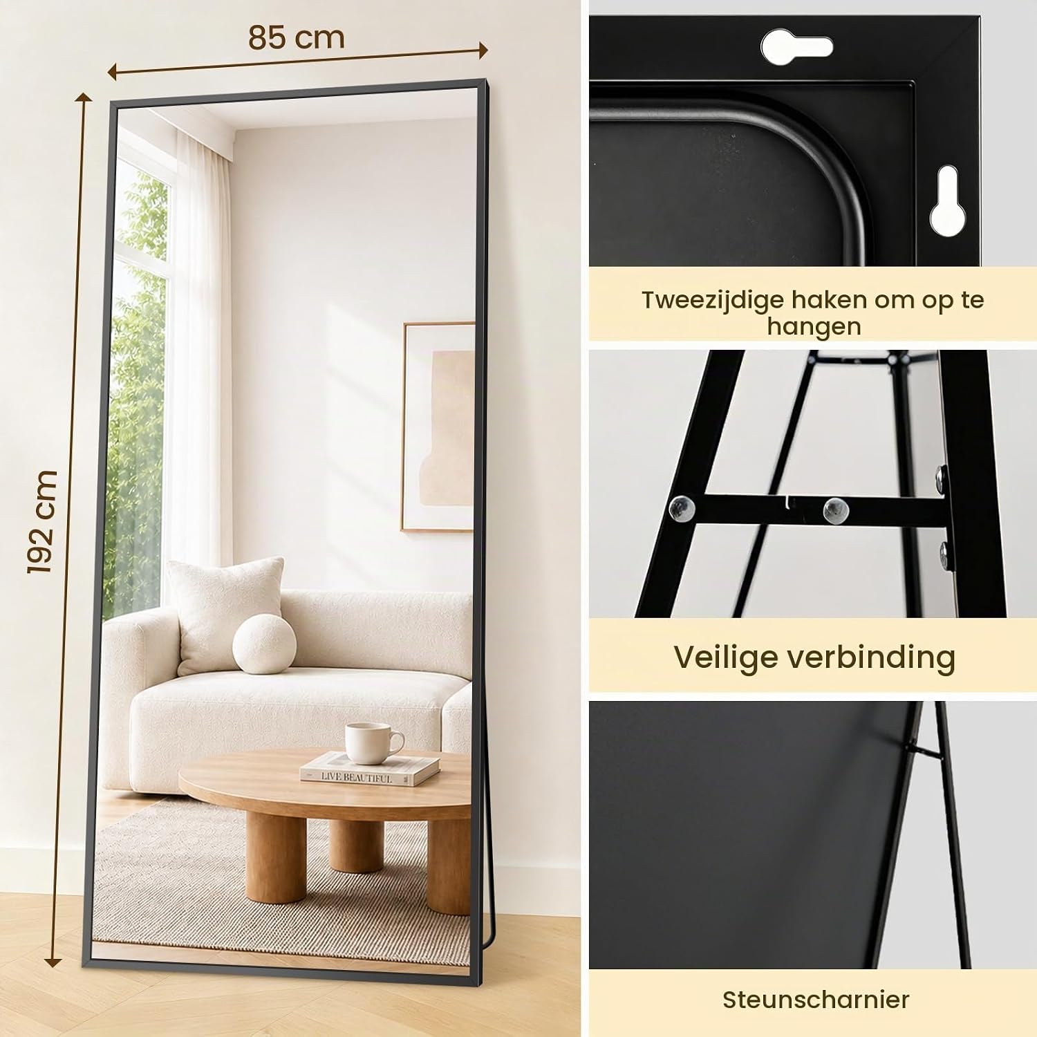 Detalle 2 de XRAMFY passpiegel 192 x 85 cm met zwart aluminium frame