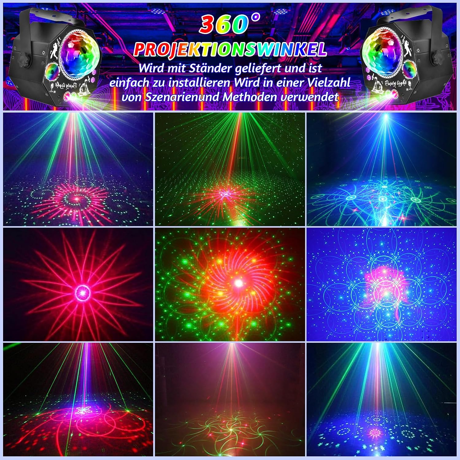 Detalle de 4-in-1 Discolicht Partylicht mit Fernbedienung – 75 Effekte, RGB/UV, Musikgesteuert