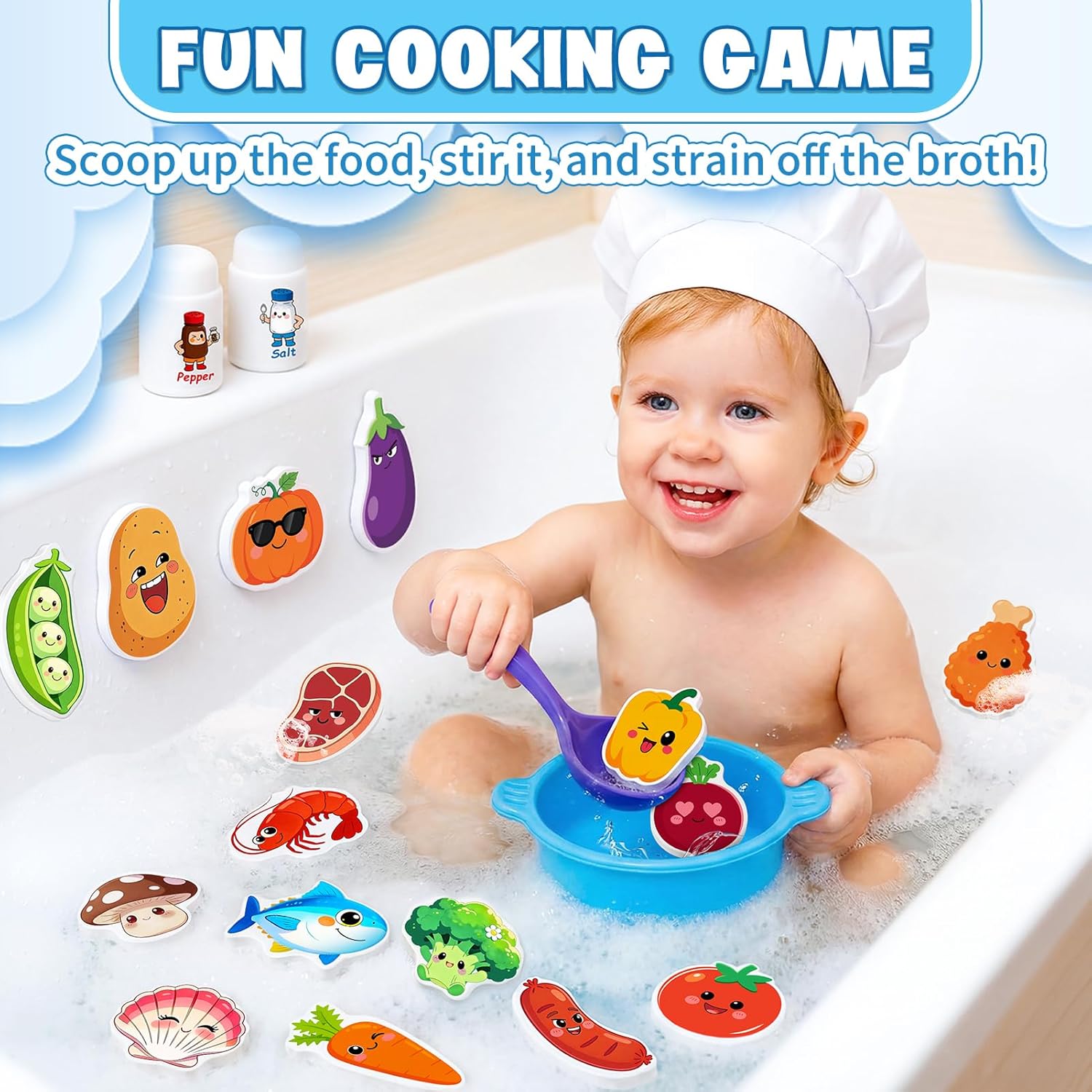 Detalle de Bath Soup Pot & Float Foam Food: Mould-Resistant Bath Toys for Toddlers