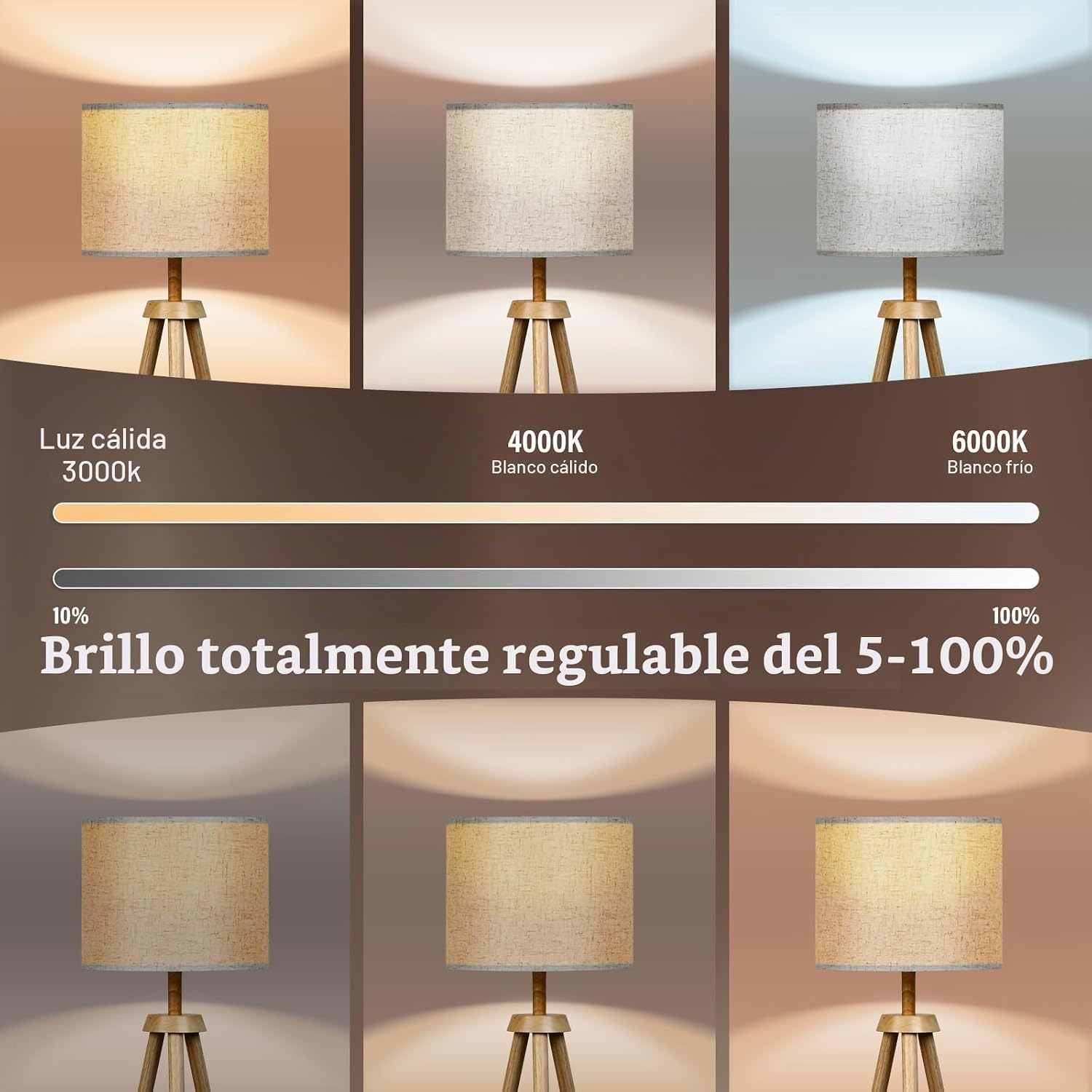 Detalle de NIKYJM Lámpara de Pie Trípode de Madera con Bombilla E27 12W: 3 Colores y Control Remoto