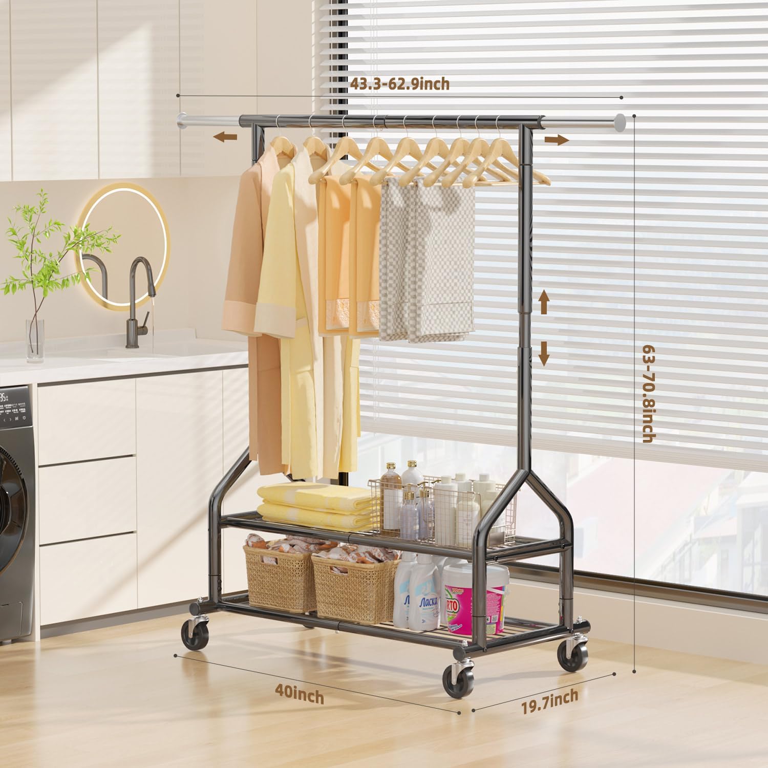 Detalle de EAGMAK UKGRP070 Heavy-Duty Clothes Rack with Adjustable Rod, Shelves and Wheels
