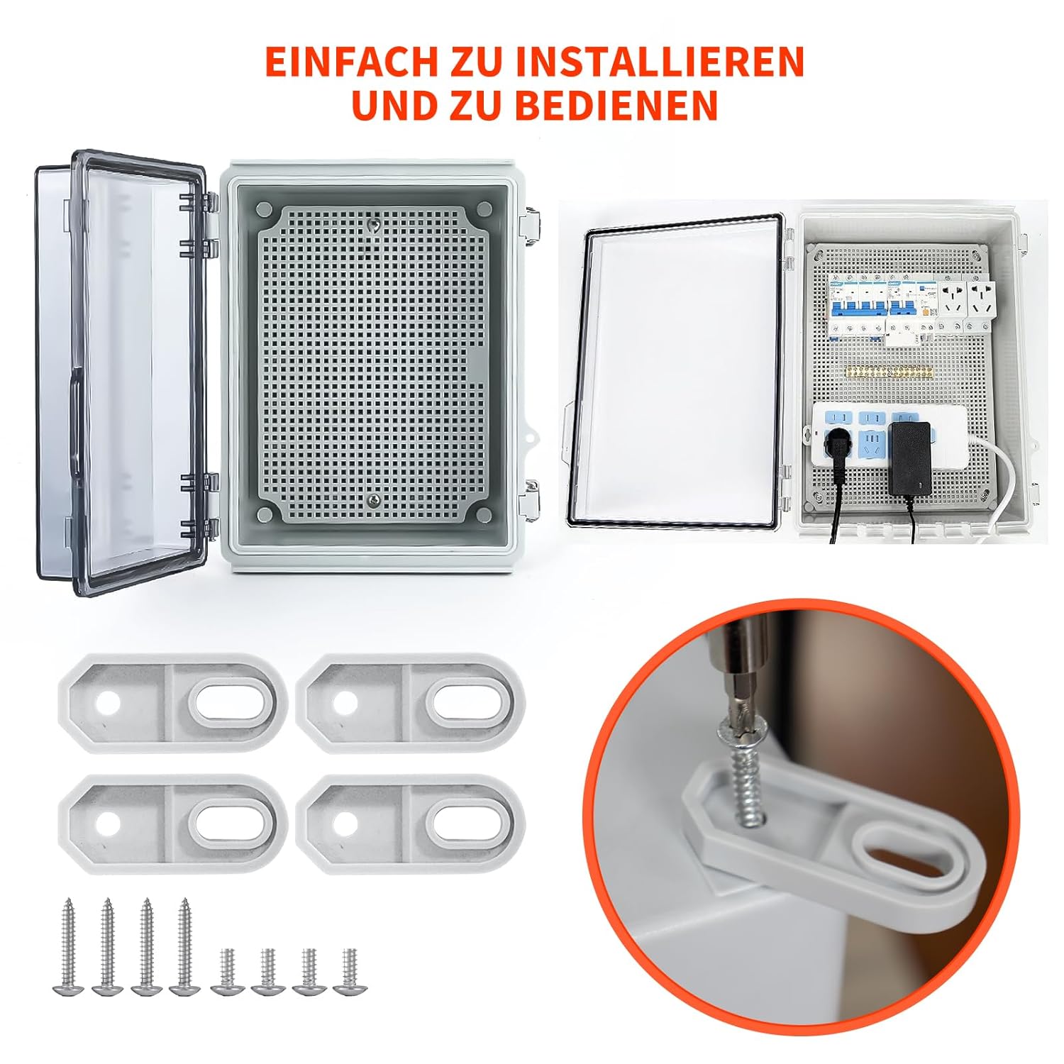 Detalle de Wasserdichte Anschlussdose IP65 Aufputz-Verteilerkasten mit ABS-Gehäuse, transparentem Deckel und Schloss (230 × 165 × 120 mm)
