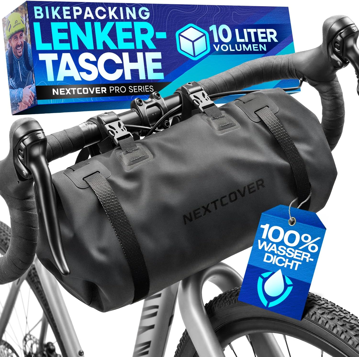 Detalle de Nextcover® Bikepacking Lenkerrolle 10L – Wasserdichte Lenkerstasche für Gravelbike, MTB und Rennrad