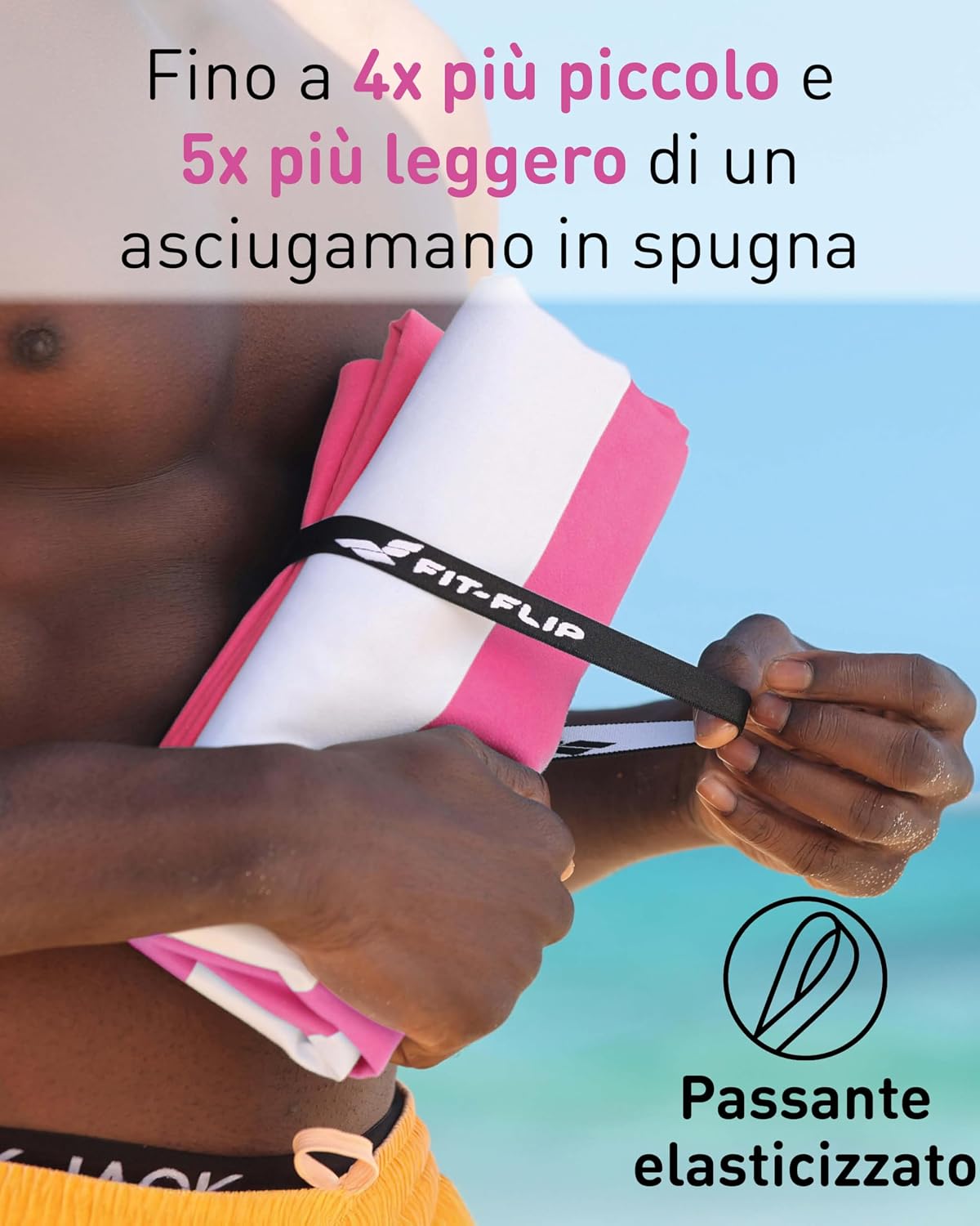Detalle de Fit-Flip Telo Mare microfibra 200 cm x 90 cm – rosso rigato rosa-bianco, antisabbia, asciugatura rapida, 100% riciclato