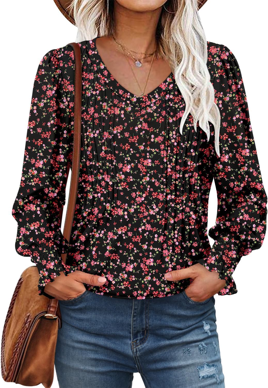 Detalle 1 de onlypuff Women's V-Neck Tunic Top with Pleats and Puff Sleeves