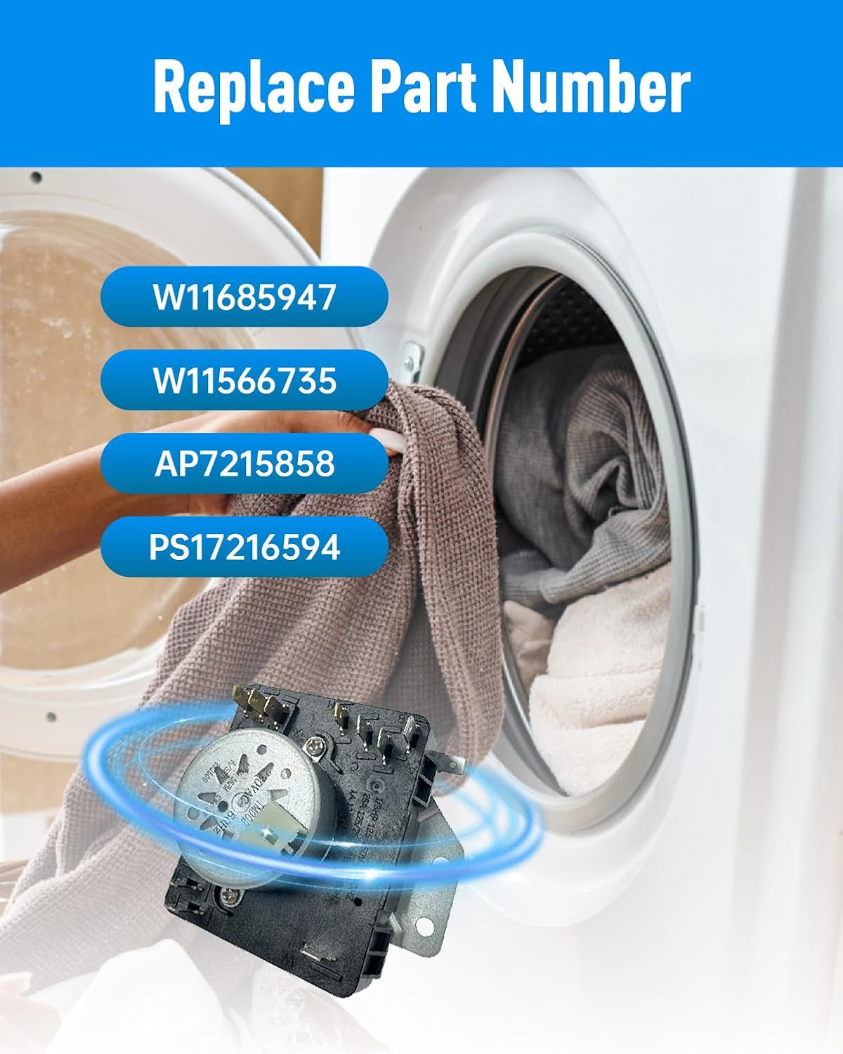 Detalle de eosorssa W11685947 Dryer Timer and Knob Kit, 220 VAC, 60 Hz
