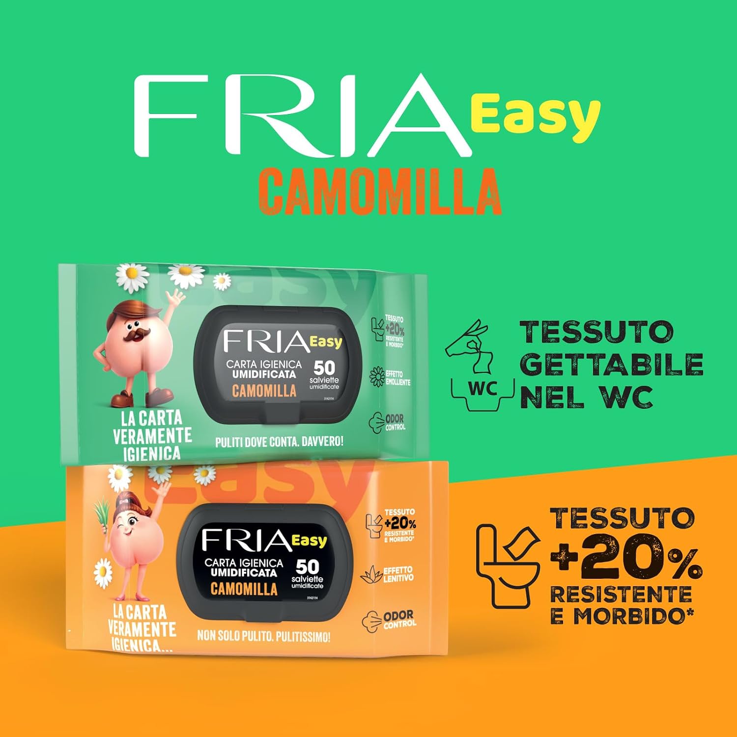 Detalle 2 de Fria Easy Carta Igienica Umidificata con Camomilla – 50 Salviette, Tessuto Gettabile nel WC