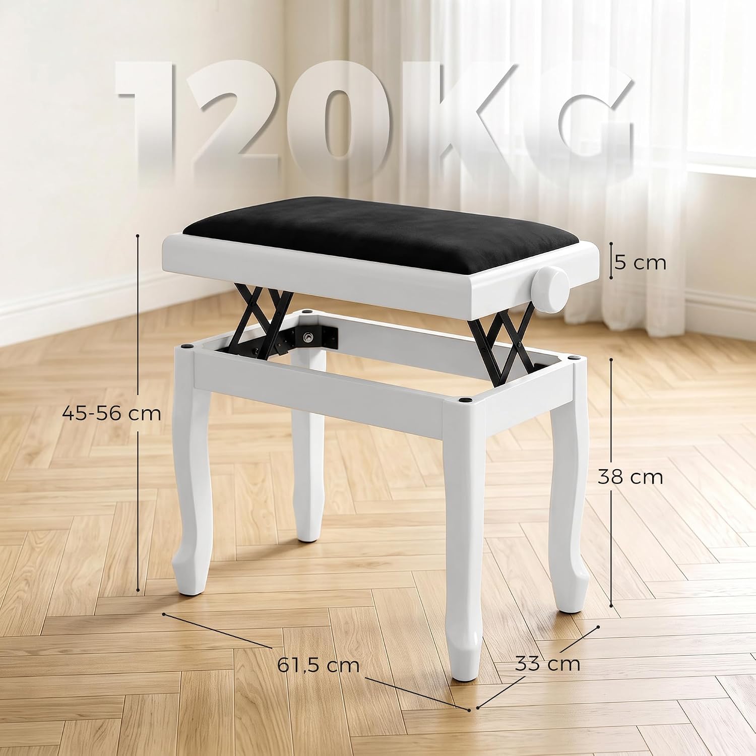 Detalle de HOMCOM F12-022V00WT pianokruk, verstelbaar 45-56 cm, fluwelen zitting