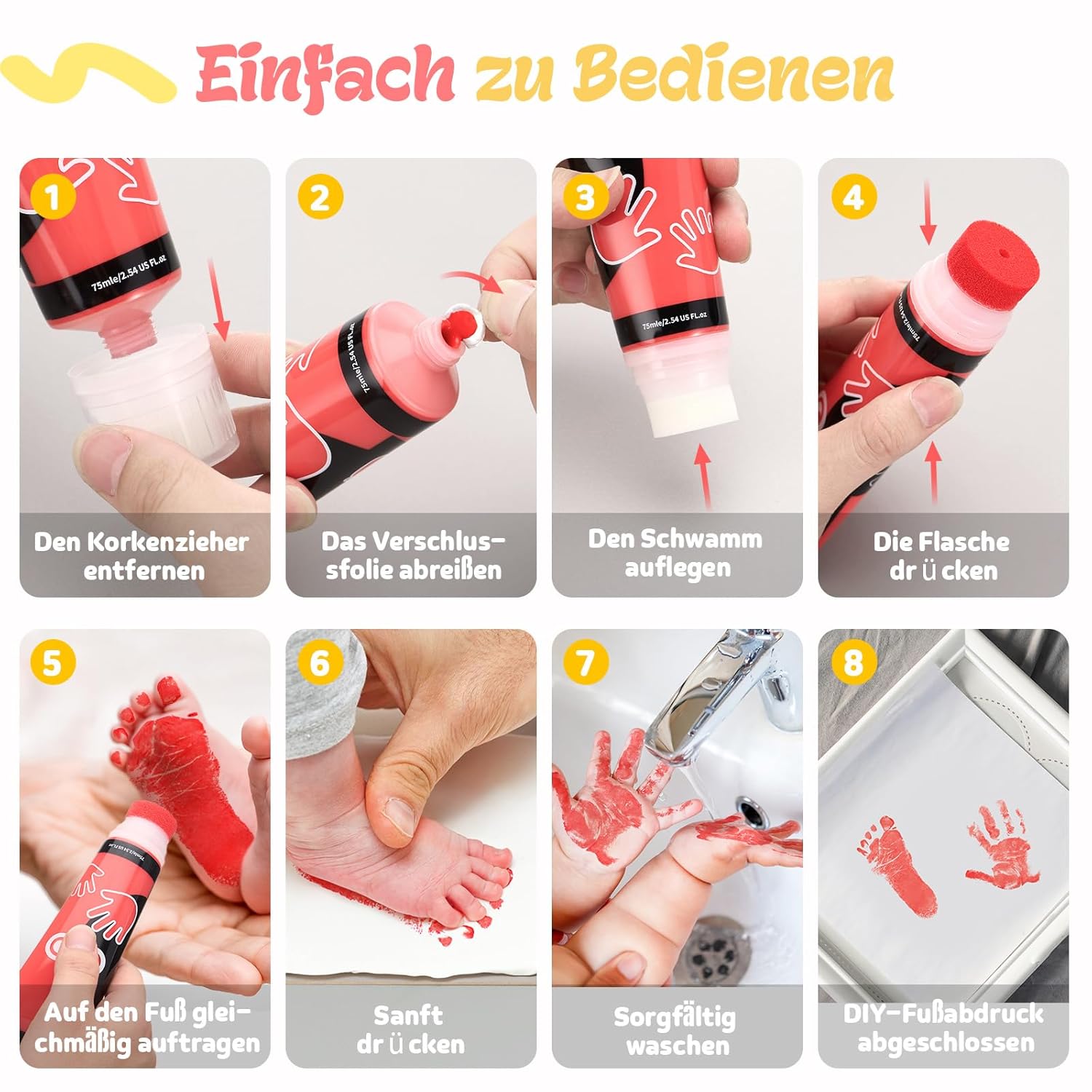 Thumbnail 3 de 75 ml ungiftige DIY-Fingermalfarben für Baby-Handabdruck (Rot) – Hand- und Fußabdruck Set für Neugeborene