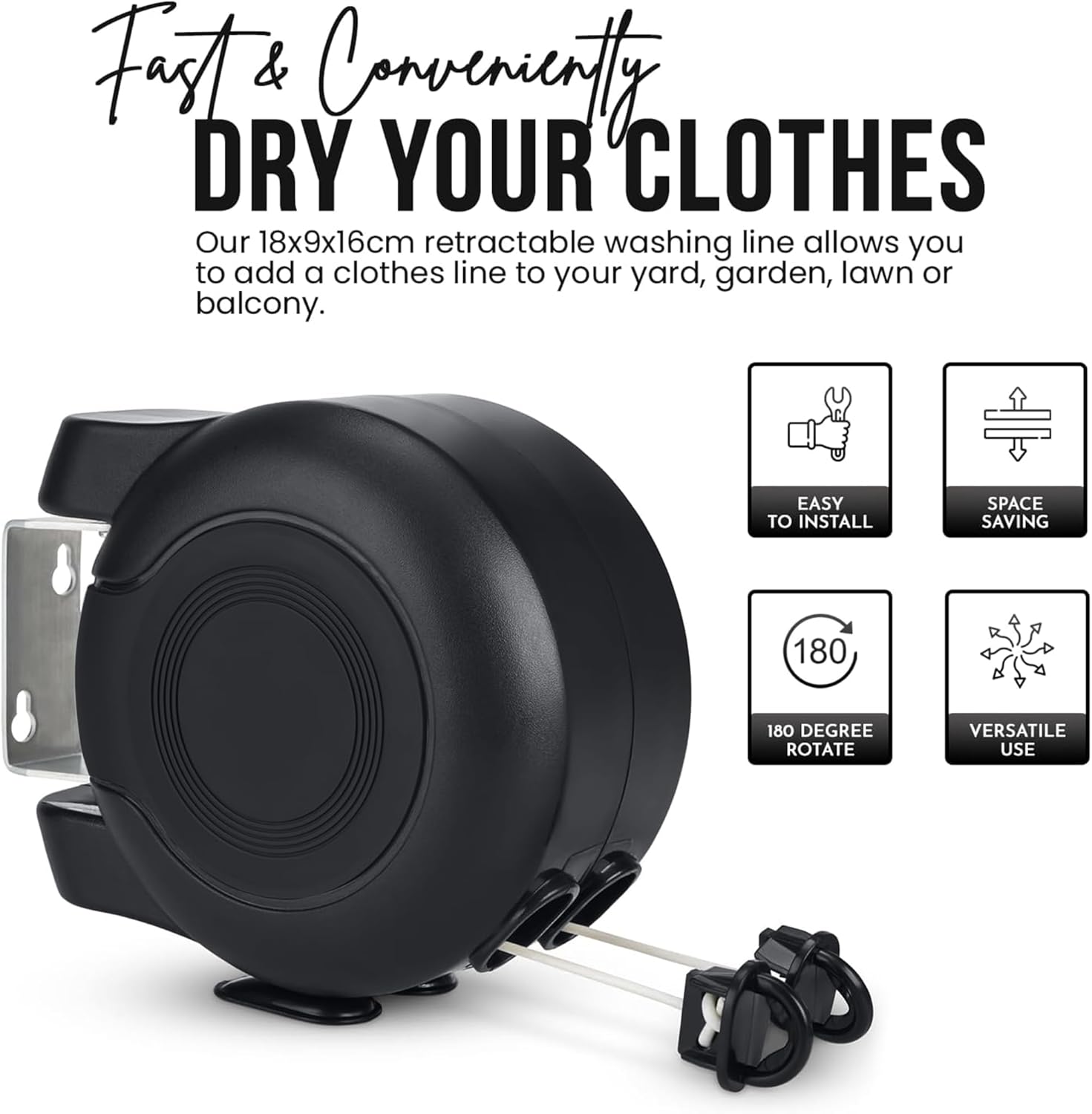 Thumbnail 2 de SA Products Wall Mounted Twin Cable Retractable Washing Line (2x15m, 30m extendable) – All Black