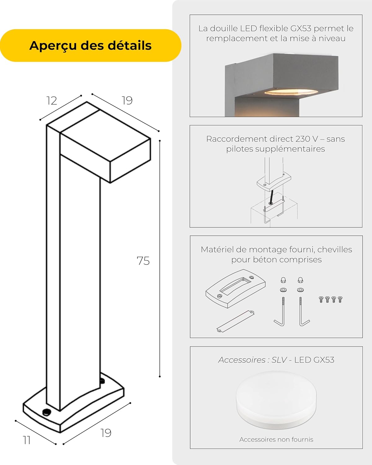 Thumbnail 1 de SLV Borne extérieure QUADRASYL 75/Éclairage d'extérieur – IP44, 11W, gris