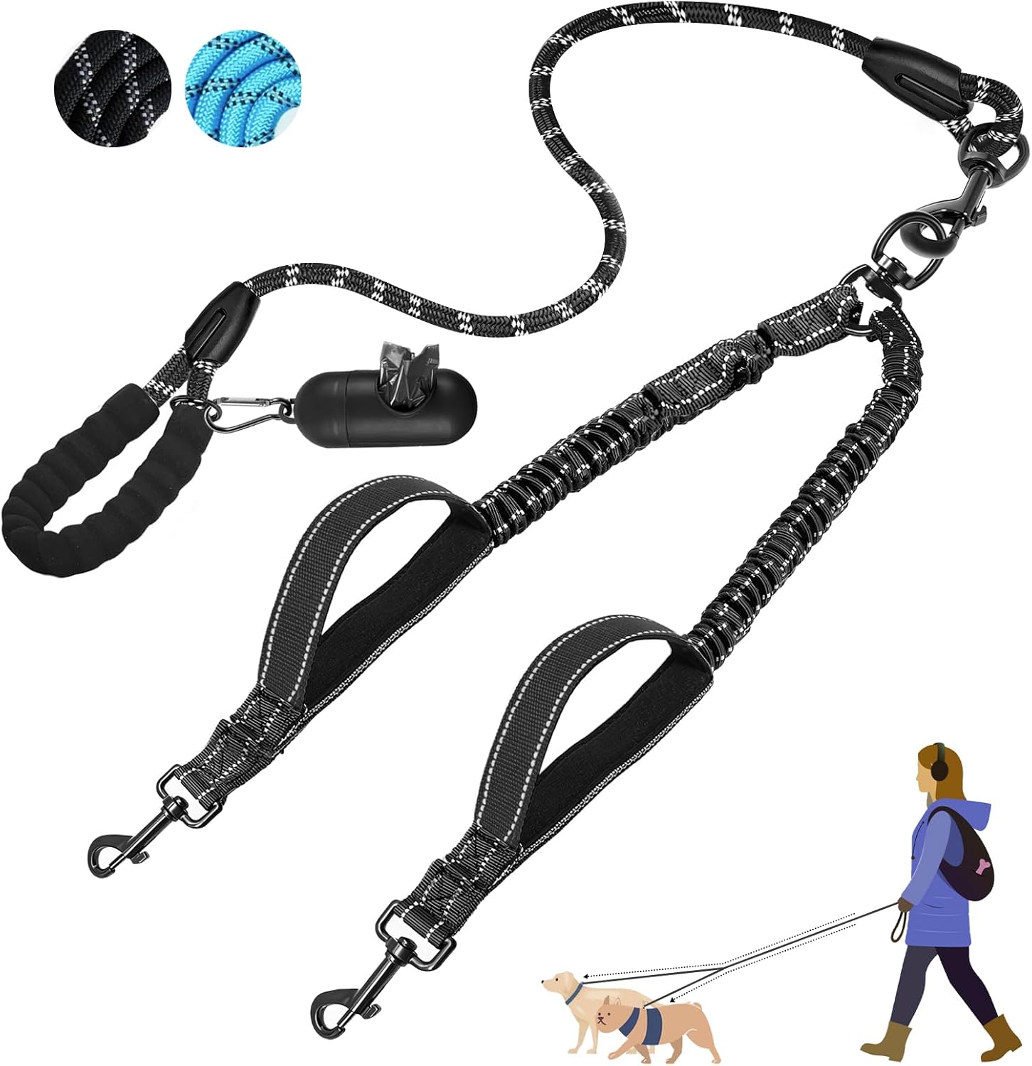 Thumbnail 6 de Blanlody Double Dog Lead for Walking 2 Dogs — No-tangle bungee split lead with reflective design and padded handles