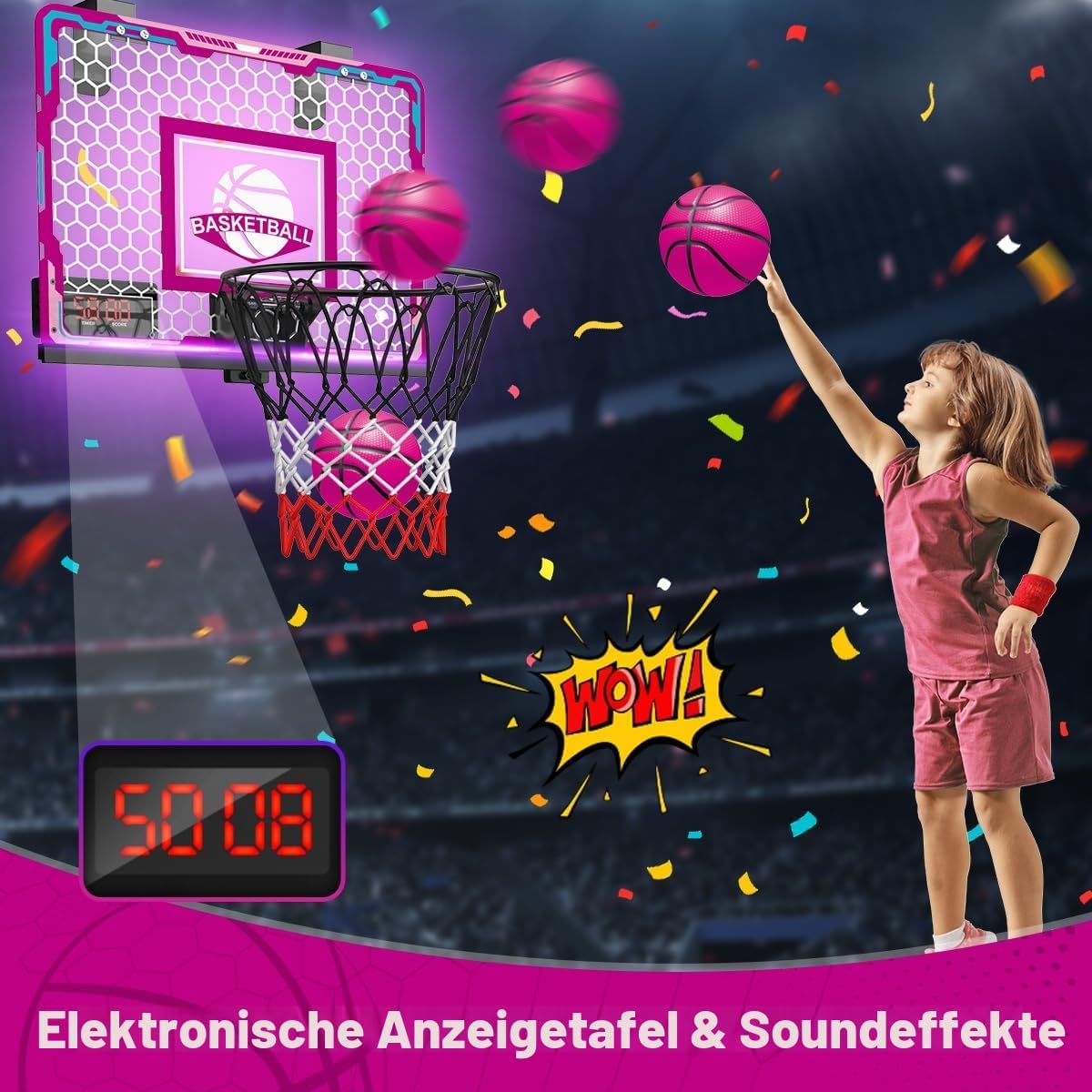Detalle 2 de VATOS Basketballkorb Indoor Rosa – RC Basketballkorb mit Anzeigetafel und LED-Licht für Kinder