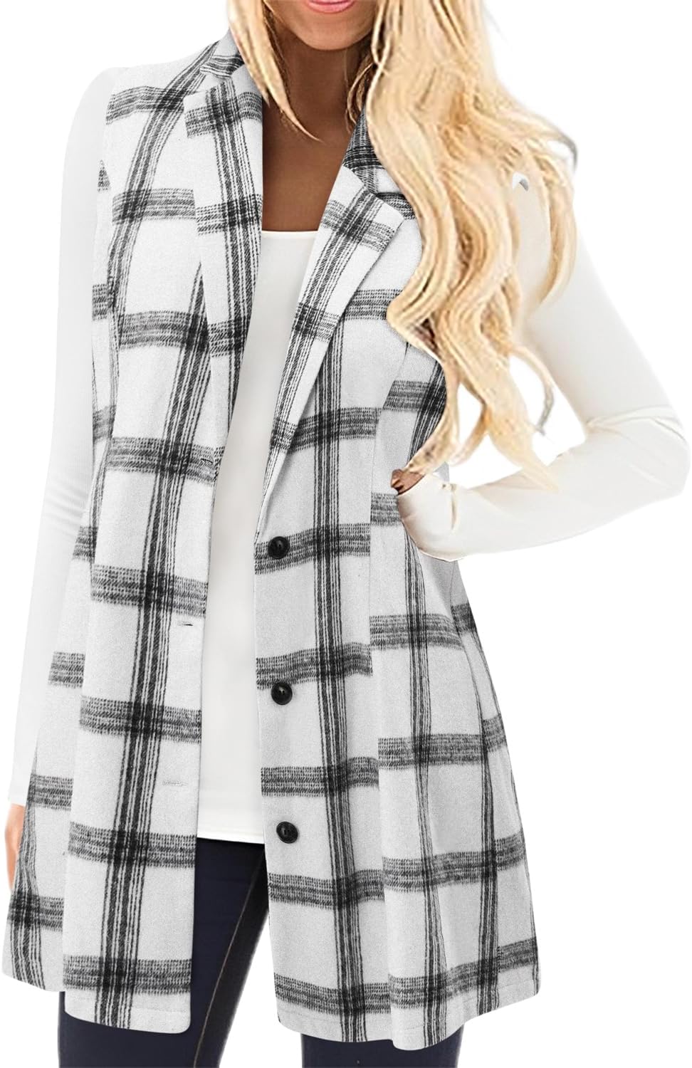 Detalle de BETTE BOUTIK Plaid Flannel Vest for Women, Sleeveless Midi-Length Layer