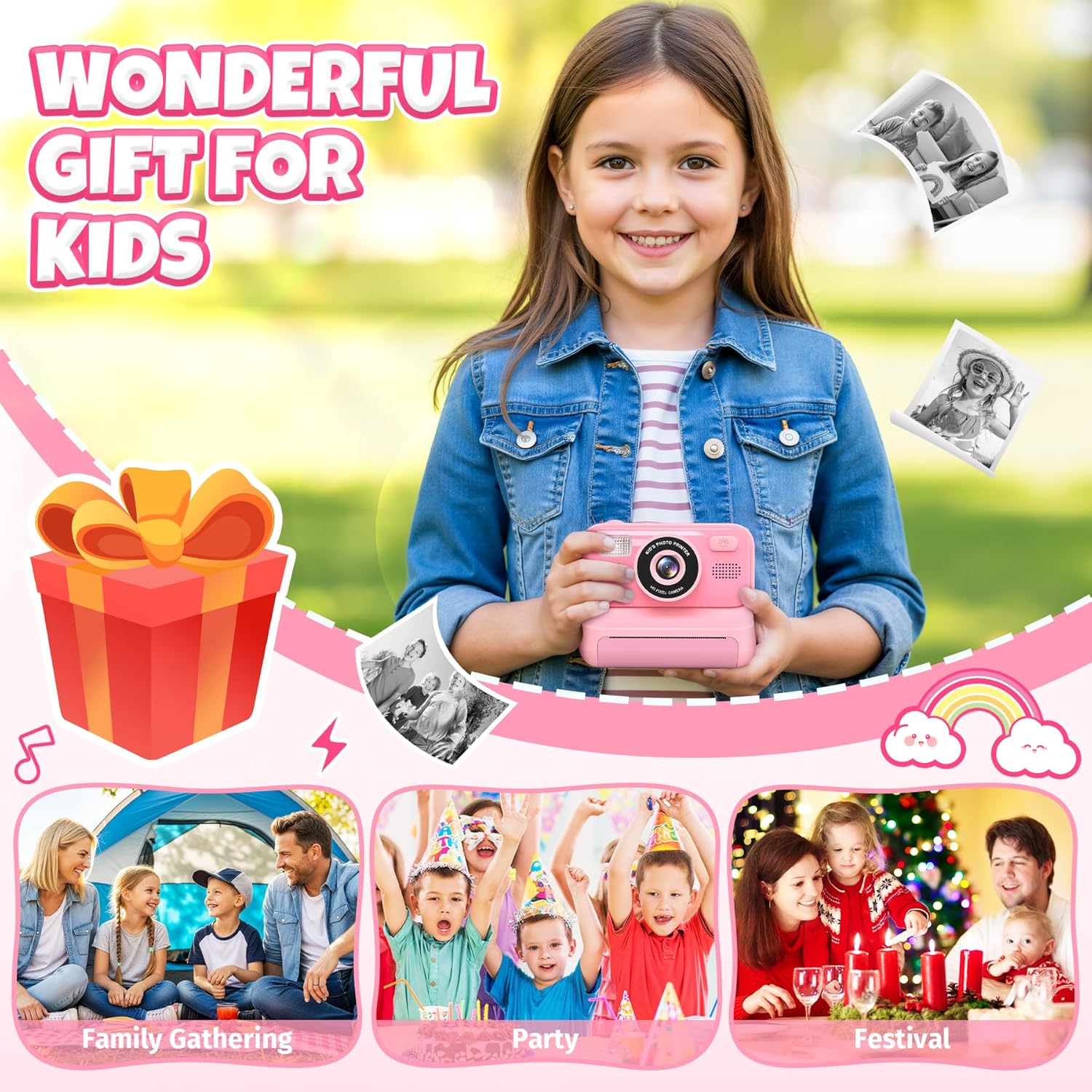 Thumbnail 6 de Gontence Appareil Photo Instantané Enfants – Caméra multi-fonctions rose, 32 Go + 3 rouleaux d'impression