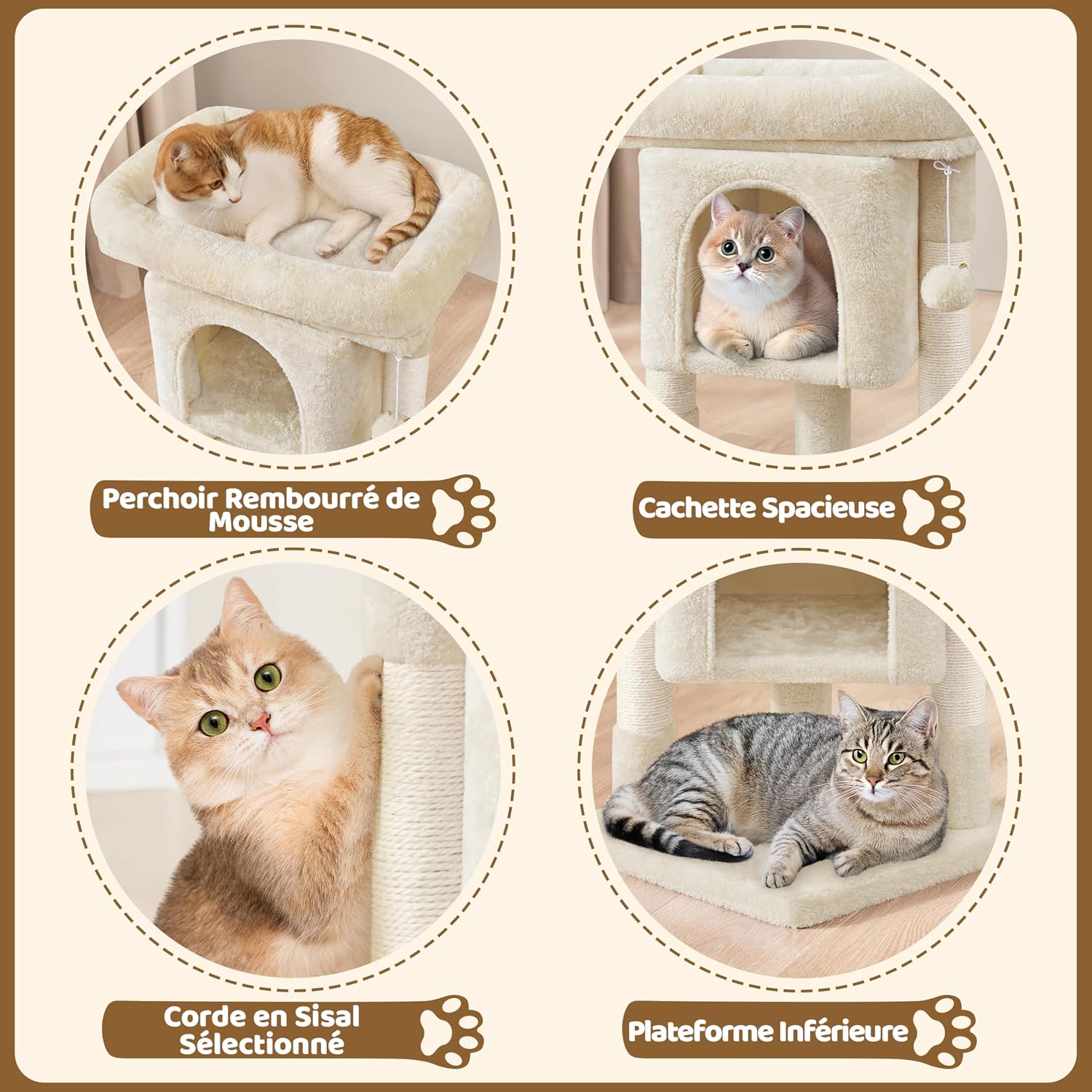 Detalle de Yaheetech Arbre à chat design avec niche et plate-forme, tour griffoir 59 cm – beige