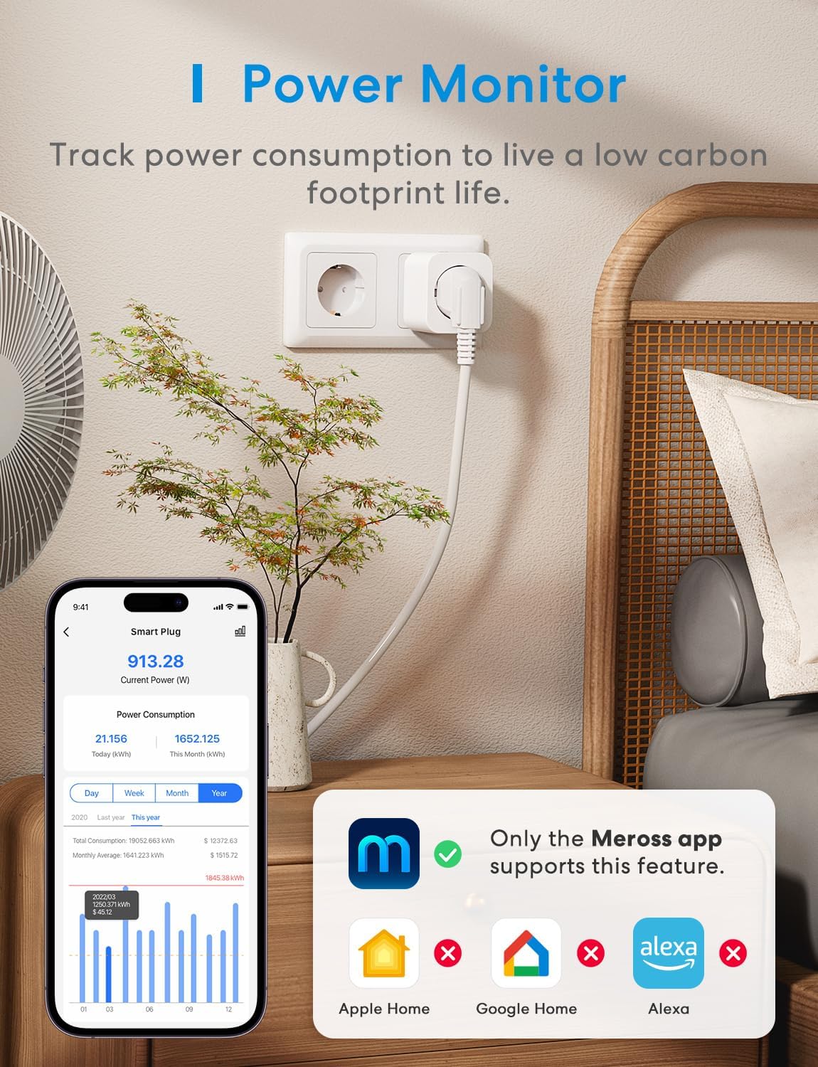 Thumbnail 2 de Meross Presa Smart WiFi 2 pezzi: monitoraggio energetico e controllo vocale con HomeKit, Alexa e Google Home