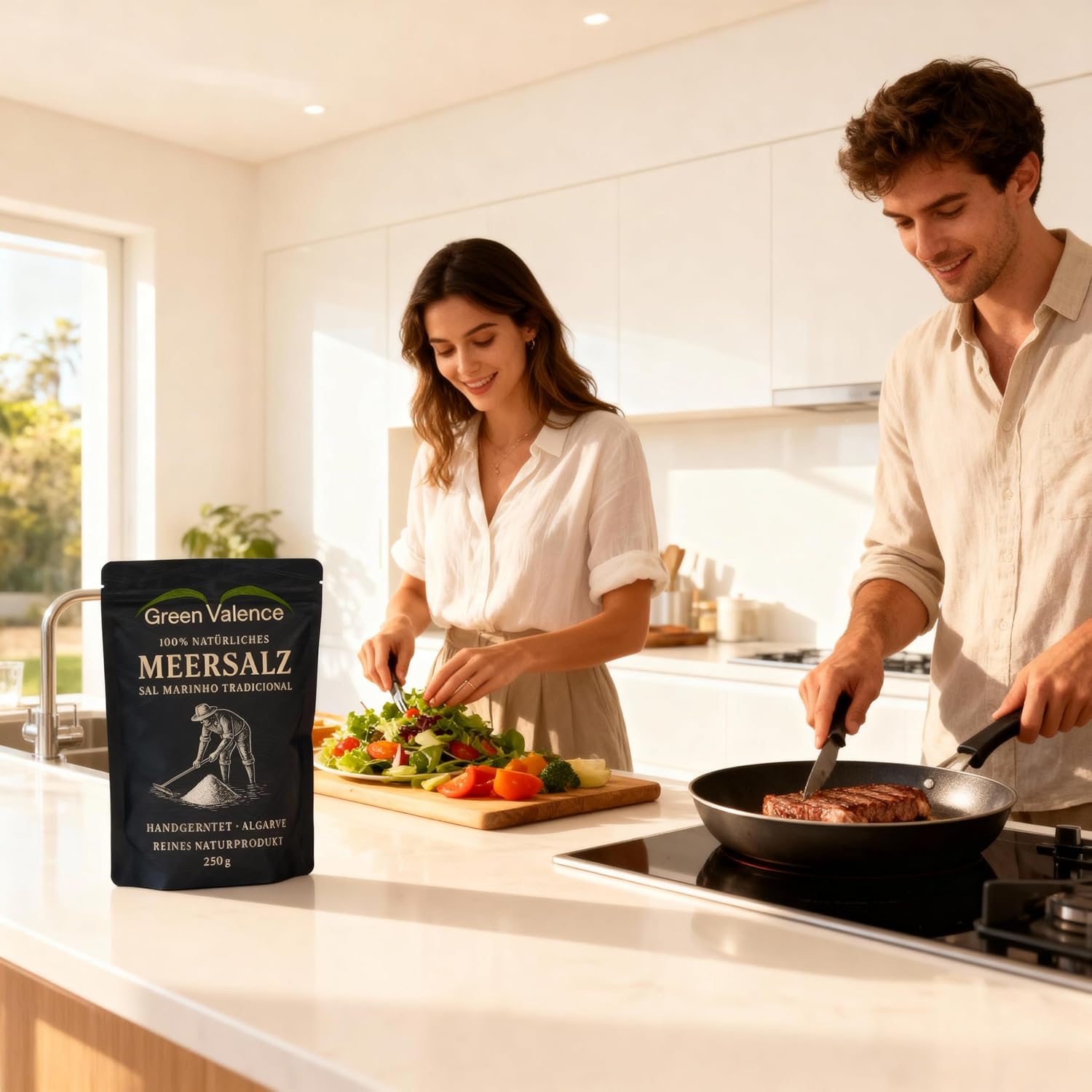 Detalle de GreenValence Sal Marinho Tradicional – 100 % naturbelassenes grobes Meersalz aus der Algarve (500 g)