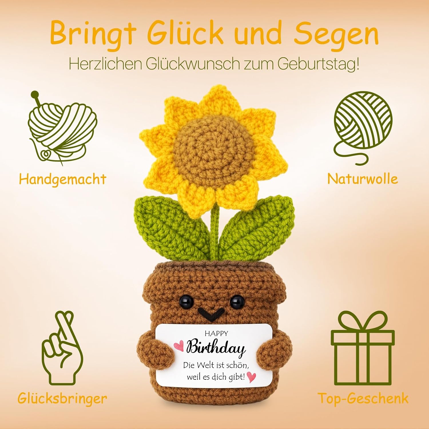Detalle 2 de Farbeele Positive Sonnenblume & Glücksbringer-Schlüsselanhänger (Pocket Hug Figur) – Geburtstagsgeschenk mit Wunschkarte