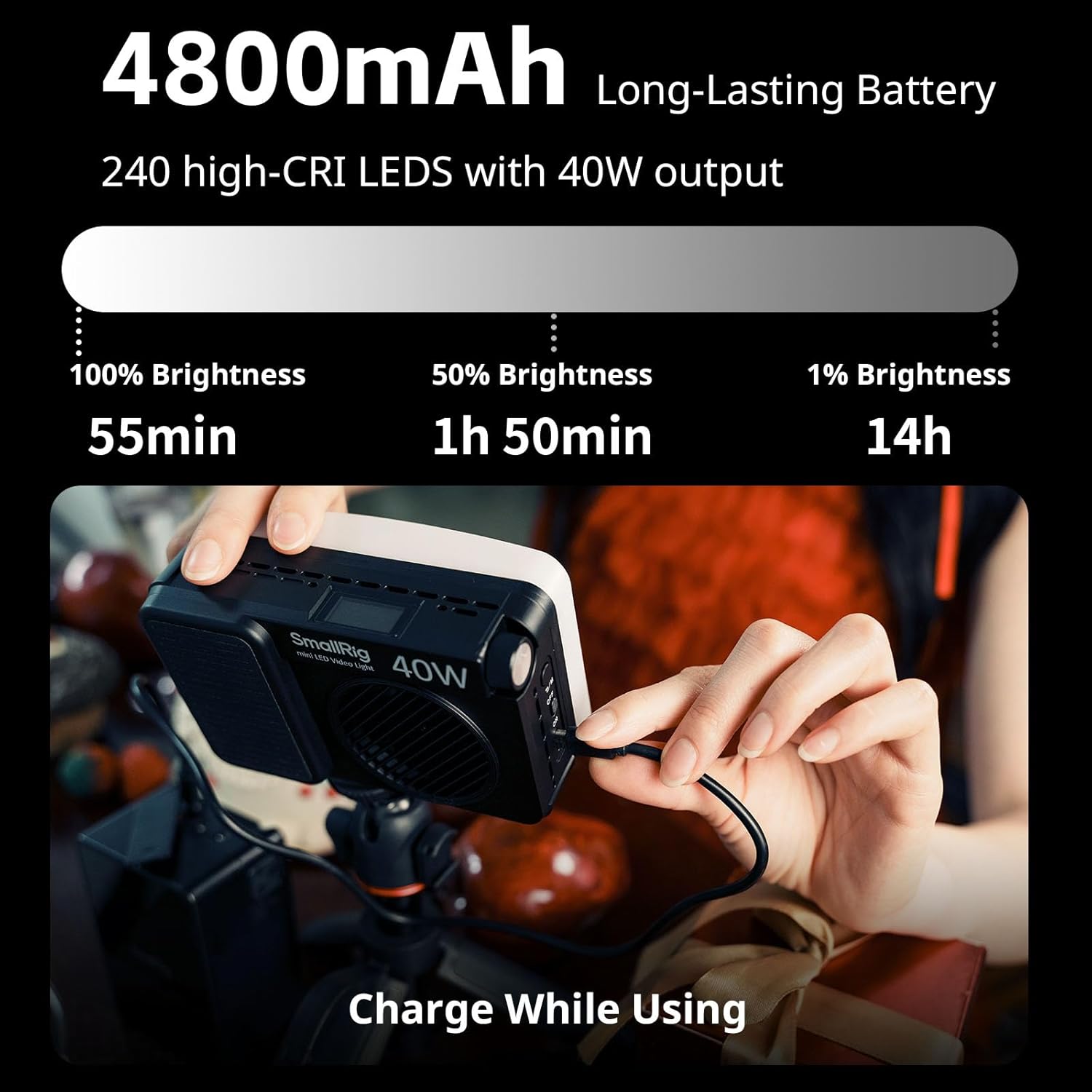 Detalle de SMALLRIG RM40C Mini-LED RGB Videoleuchte mit 4800-mAh-Akku, LCD-Display und magnetischem Diffusor – 5359