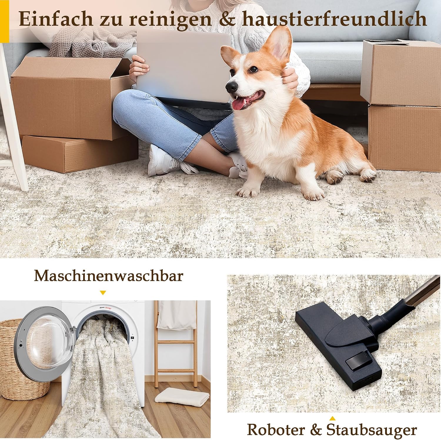 Thumbnail 4 de PureCozy Teppich Wohnzimmer 160x230cm – Abstrakt, Waschbar, Rutschfeste Kurzflor-Option
