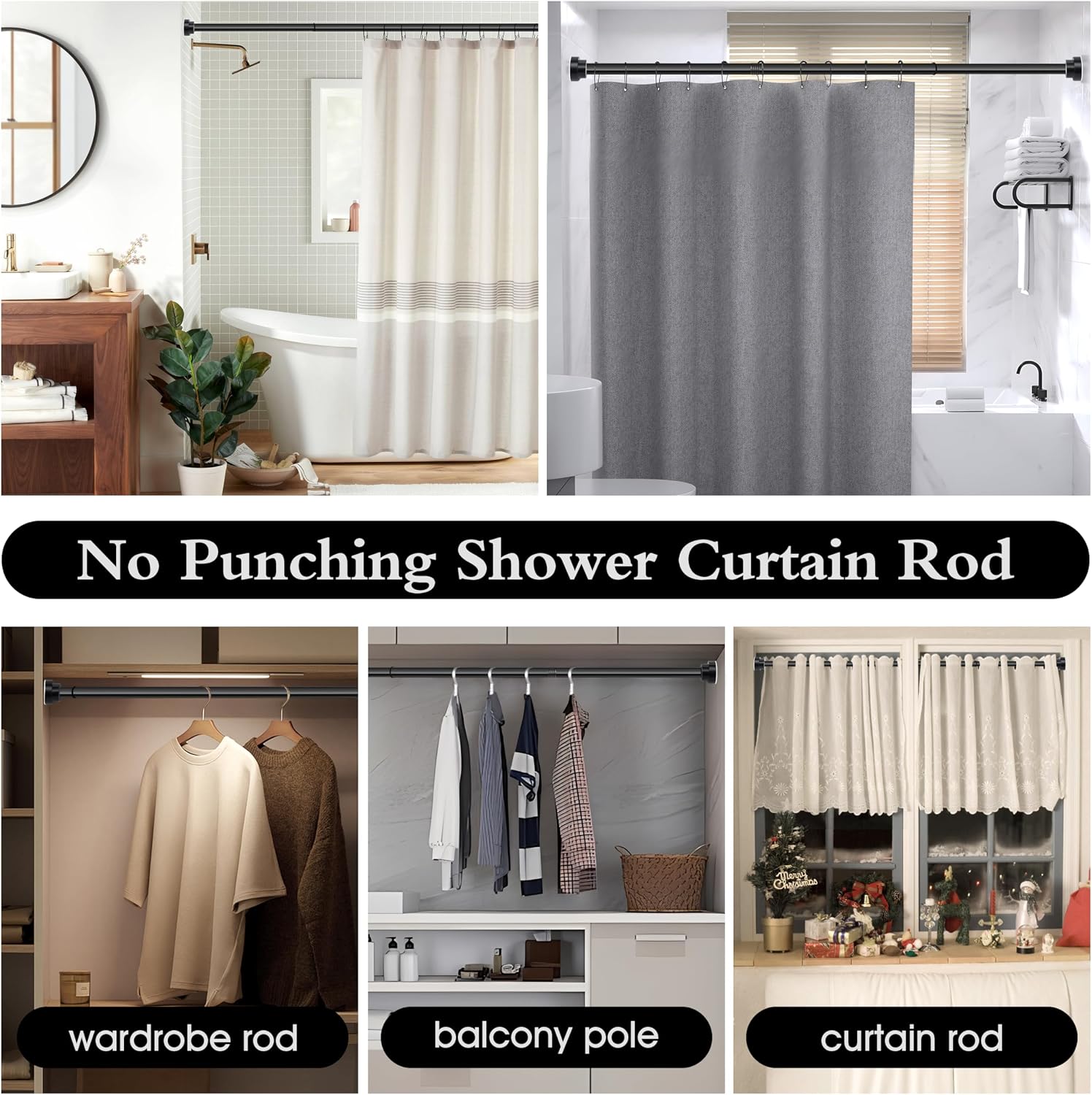 Thumbnail 1 de Stainless Steel Extendable Shower Curtain Rod Tension Pole (132cm-195cm) – Black