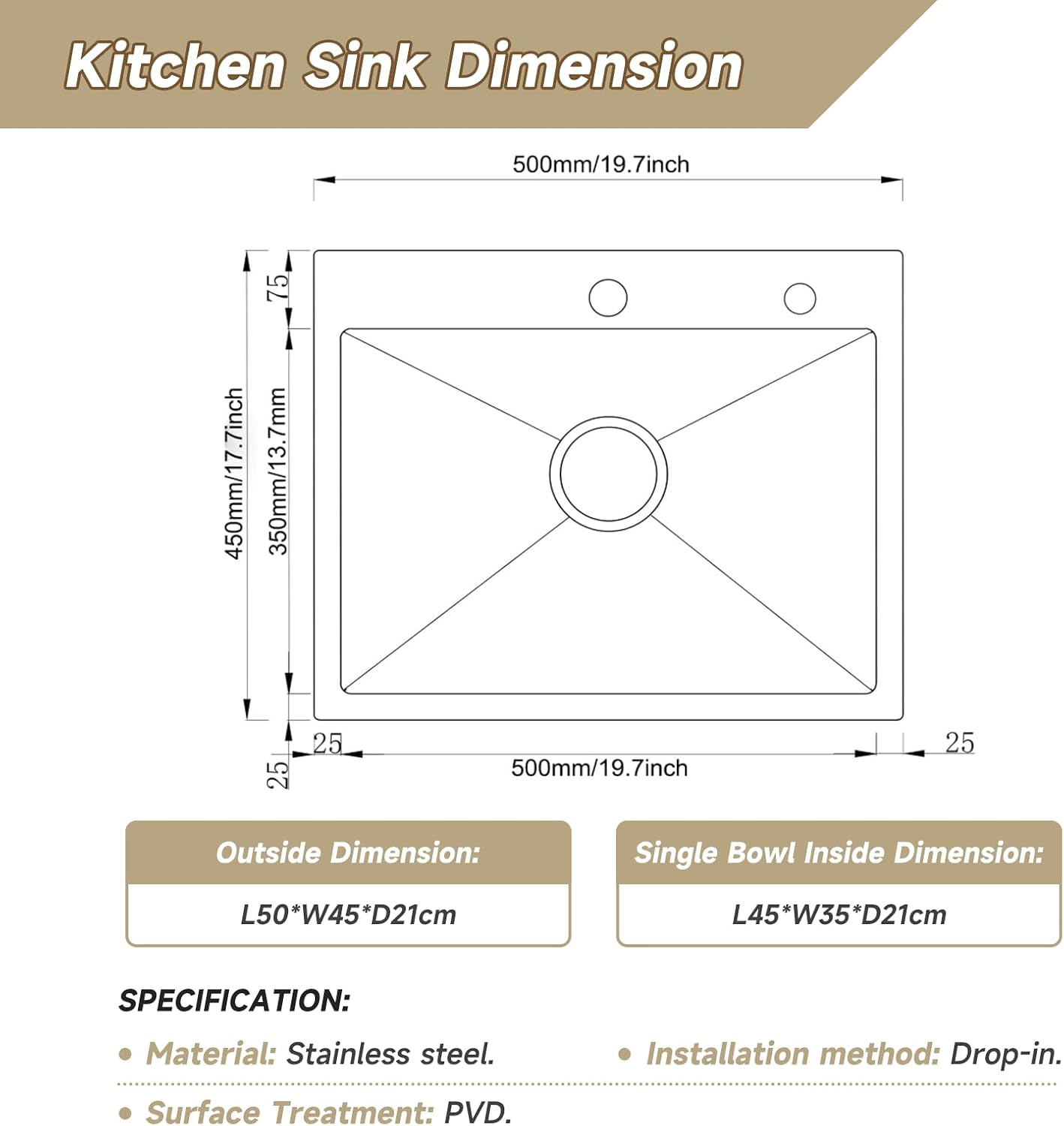 Detalle de Lavello Cucina 55 x 45 cm con 1 Vasca in Acciaio Inox e Set di Drenaggio