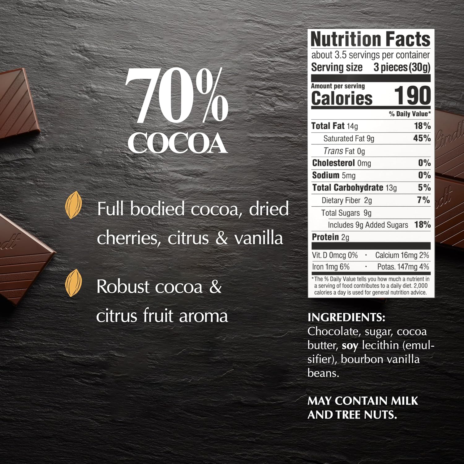 Detalle 2 de Lindt EXCELLENCE 70% Cocoa Dark Chocolate Bars, 3.5 oz, 4-Count
