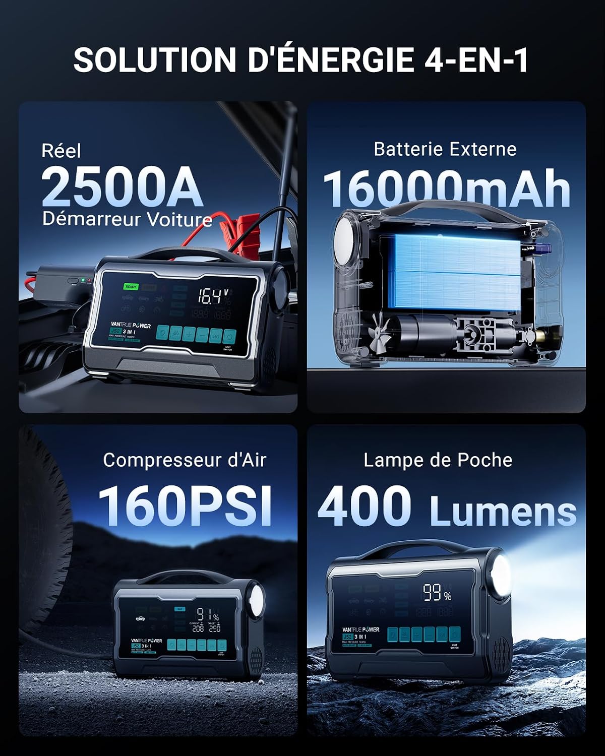 Thumbnail 5 de VANTRUE POWER JS2 2500A: Booster batteries et gonfleur 9" avec charge rapide et affichage en temps réel