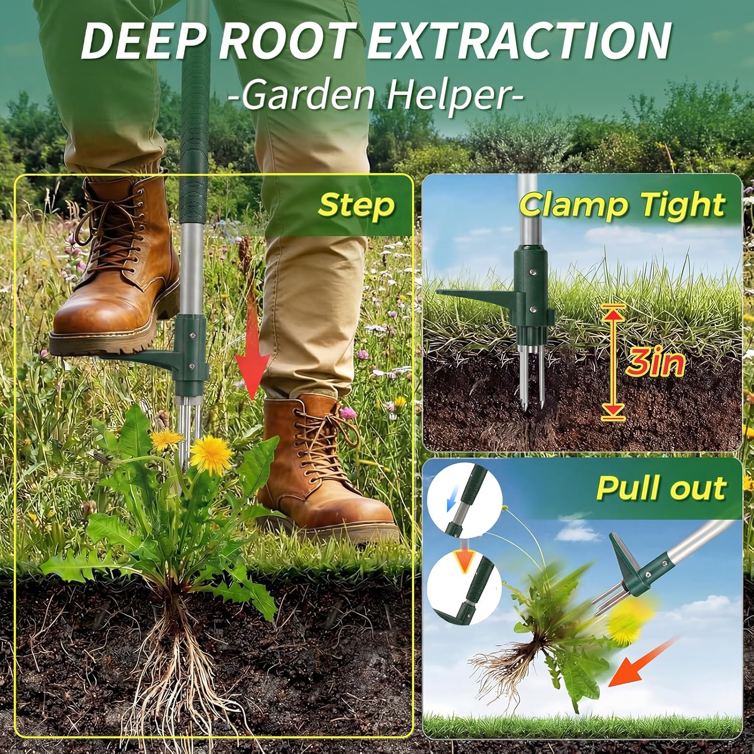 Thumbnail 2 de Fuuwuu stand-up weed puller root remover with long handle and 3 claws