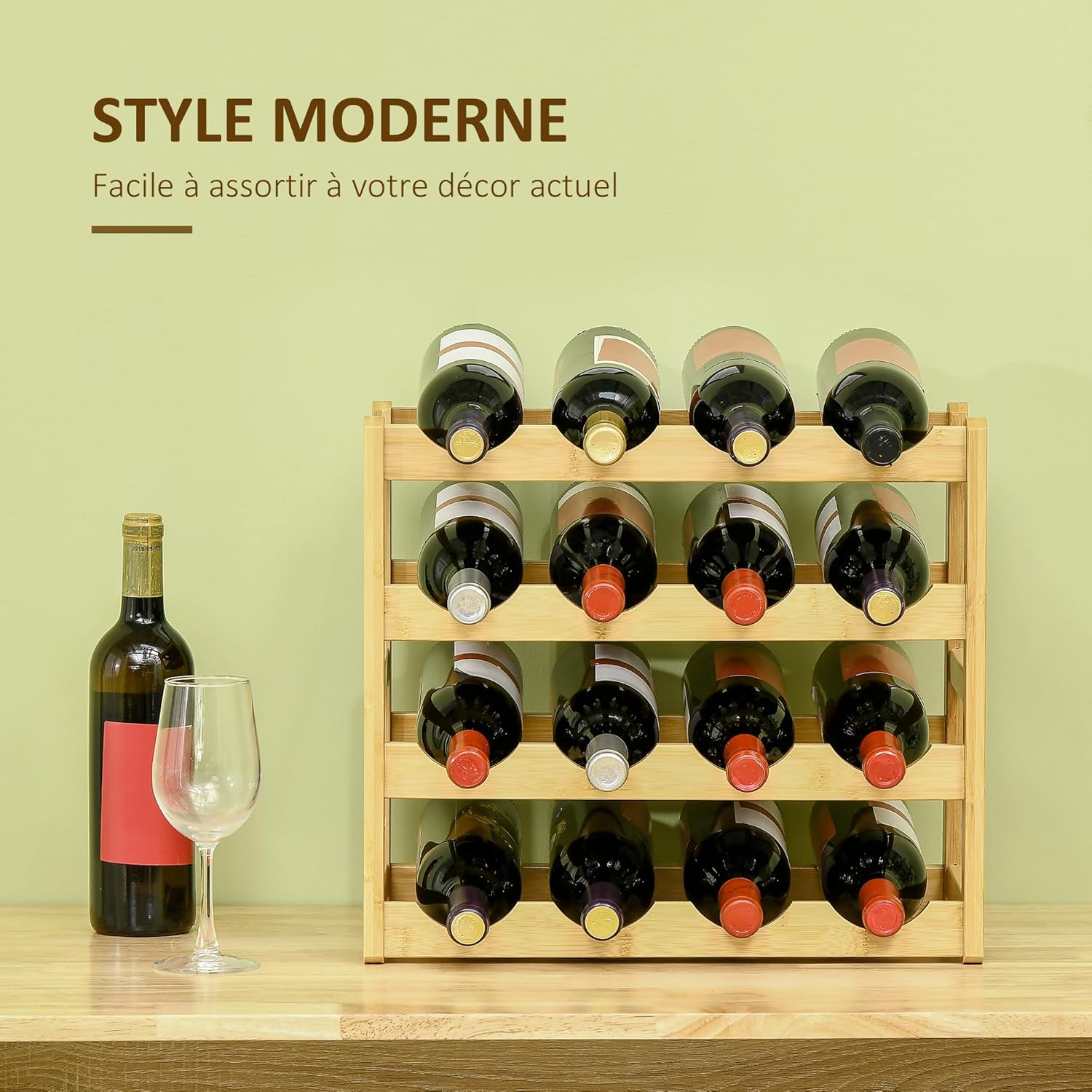 Thumbnail 2 de HOMCOM Étagère à Bouteilles de vin pour 16 bouteilles en bambou naturel – design compact et robuste