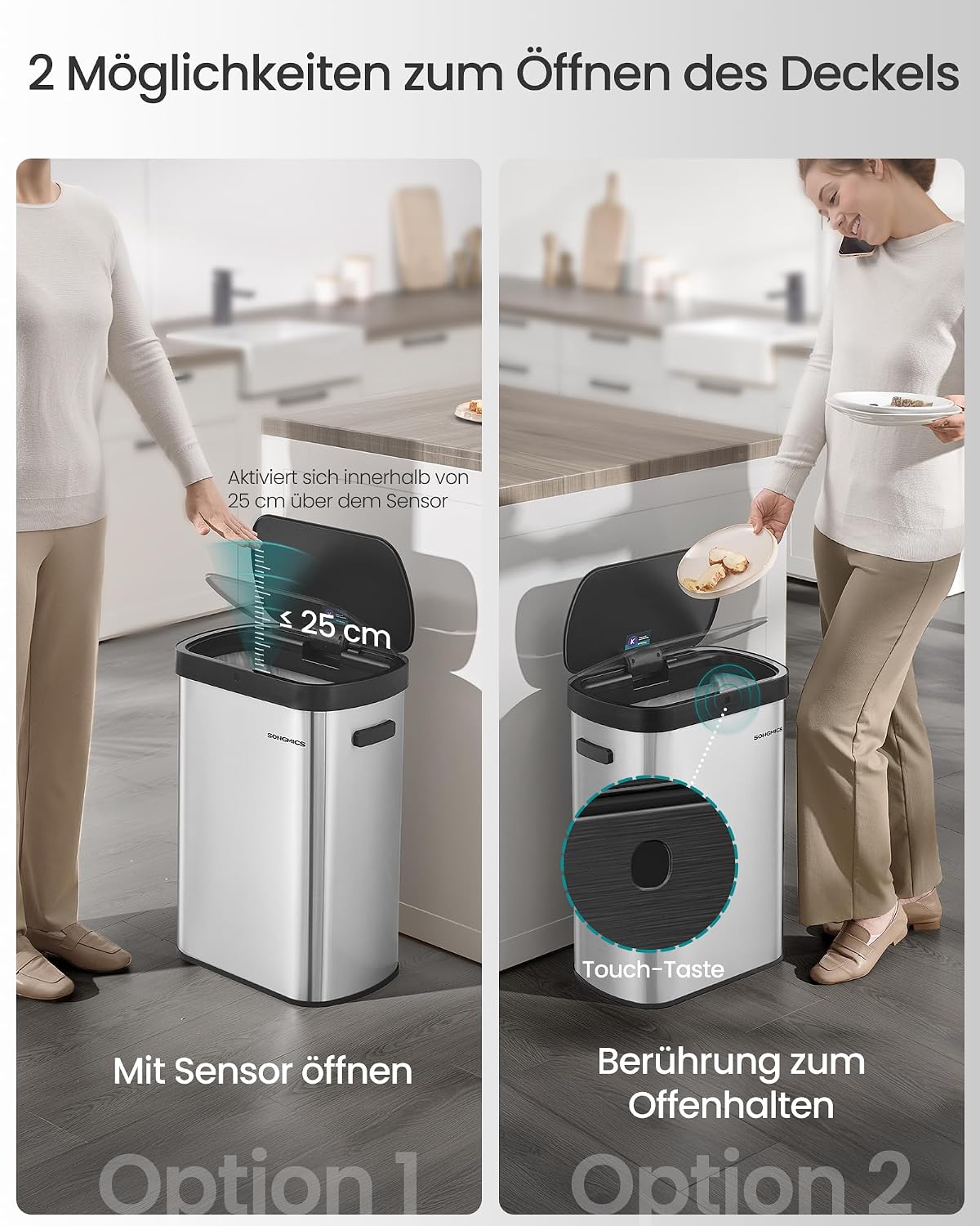 Thumbnail 2 de SONGMICS Sensor-Abfalleimer 50 L – Mülleimer mit Sensor, Softclose, Stahl, inkl. 15 Müllbeutel (LTB640E01, metallicsilber-tintenschwarz)