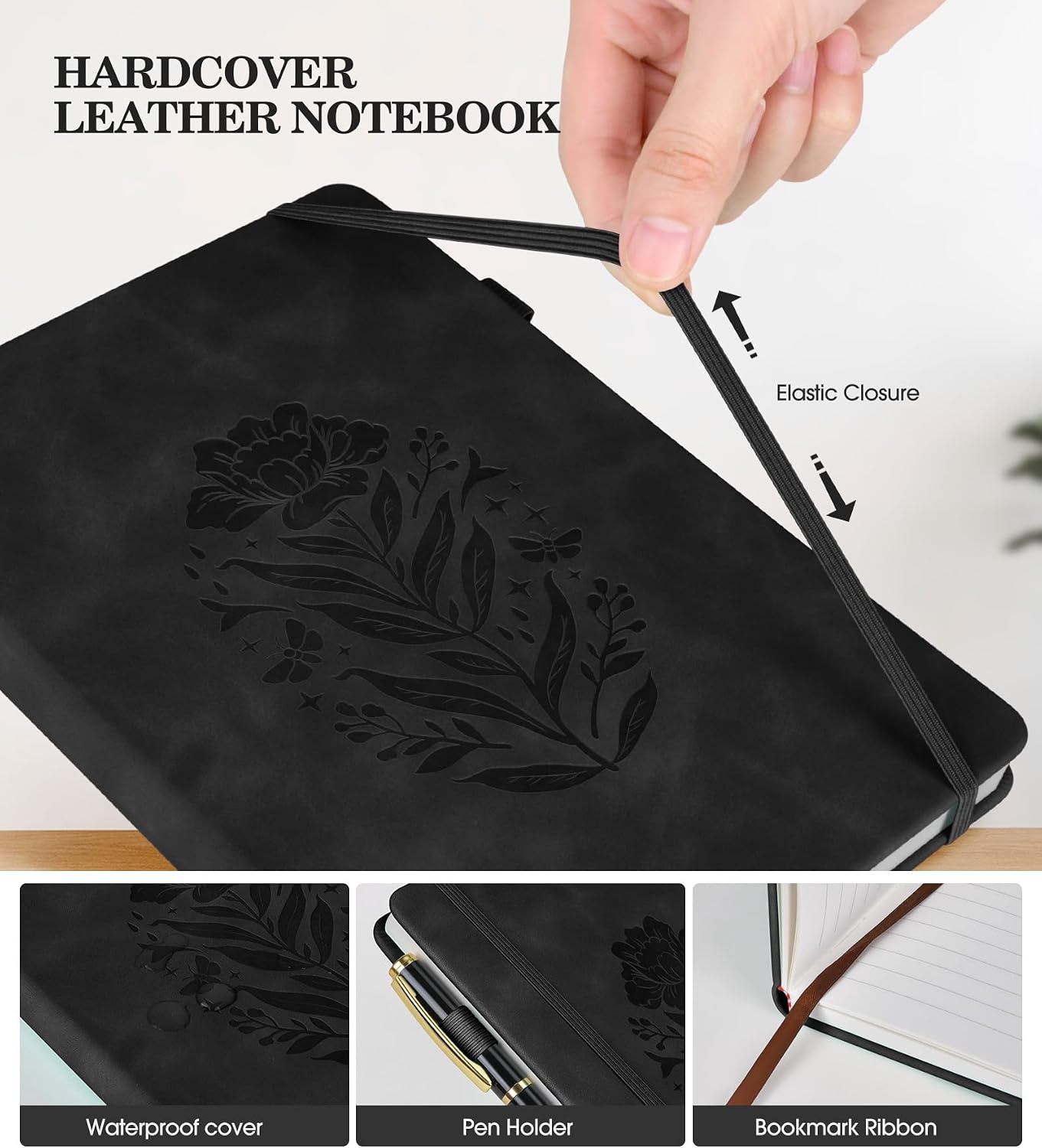 Detalle de MUAHLIUB A5 Lined Journal Notebook, Black Leather Hardcover, 200 Pages