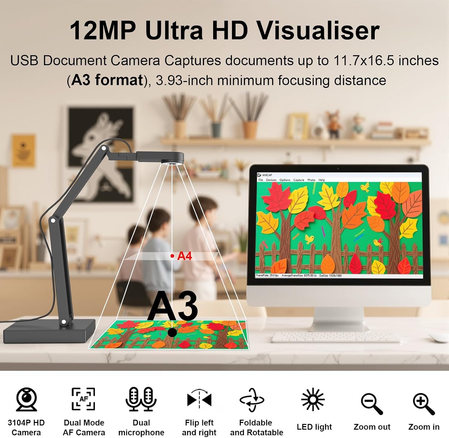 Thumbnail 1 de Gawervan Visualiser for Teaching and Classroom: 12MP/4K USB Document Camera (A3) with Smart Zoom & LED Light