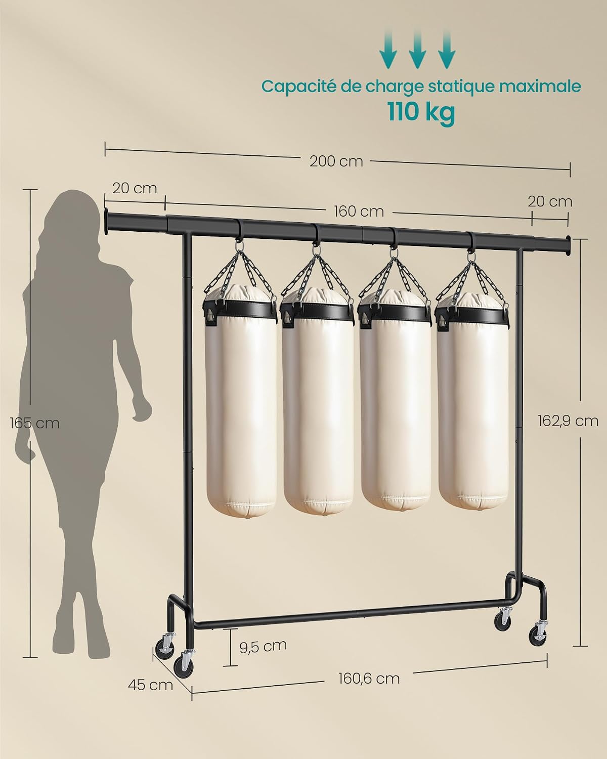 Detalle de SONGMICS Pataye HSR176B01 kledingrek met wieltjes, uitschuifbare stang