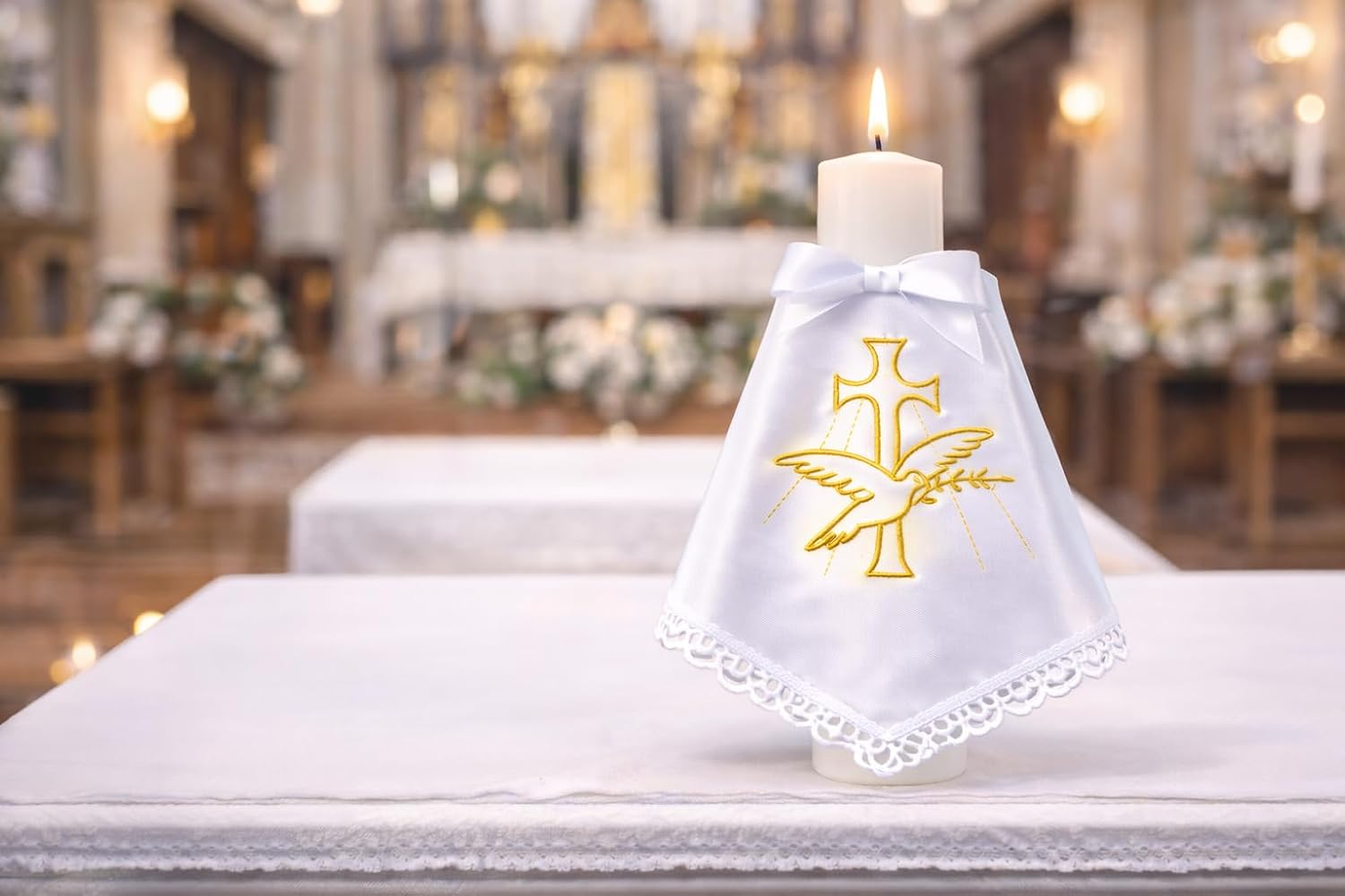 Thumbnail 6 de Kerzentuch für Taufkerze aus weißem Satin mit Goldstickerei (Taube & Kreuz) – 34 × 34 cm