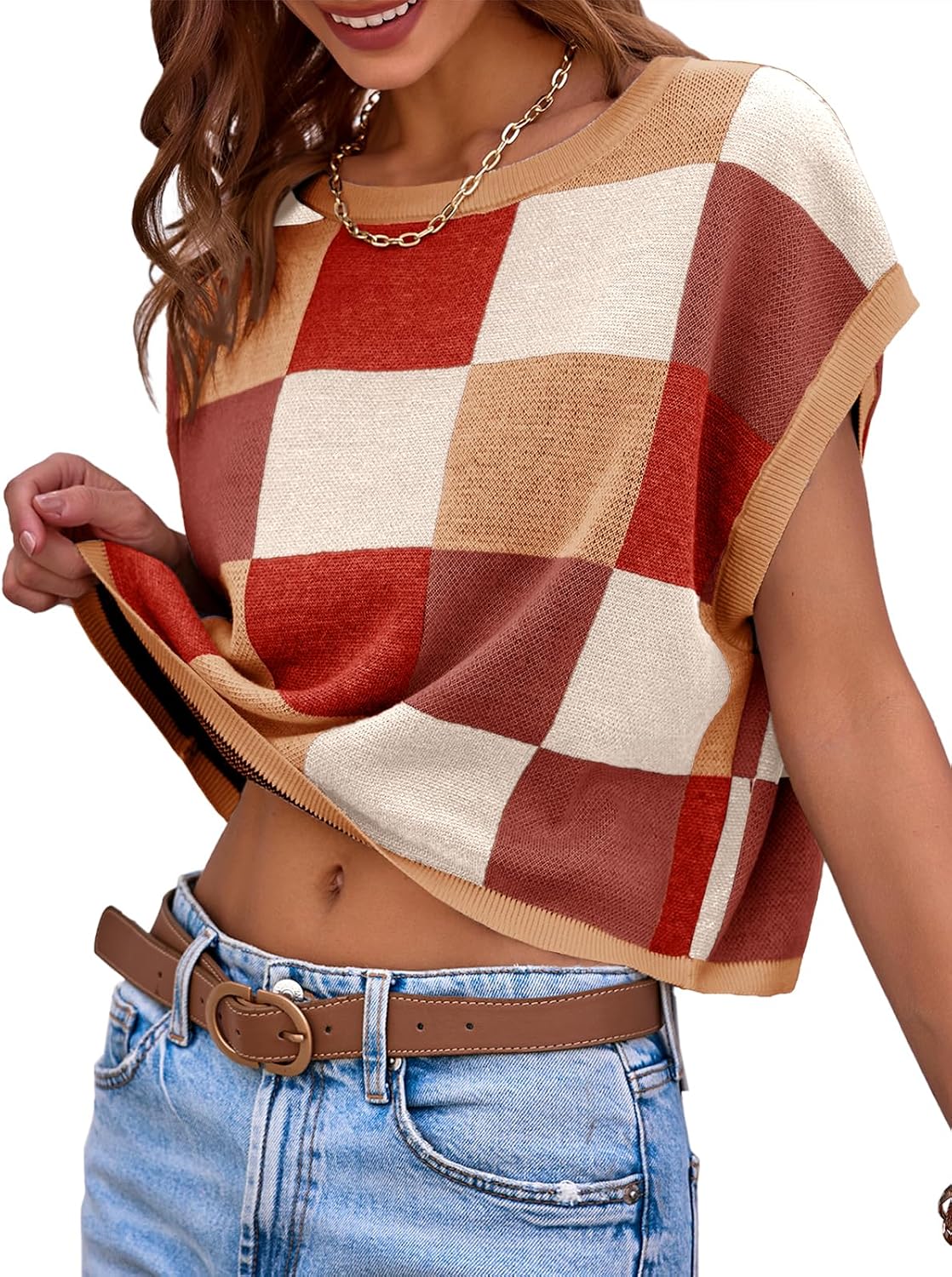 Detalle de Saodimallsu Women’s Cap Sleeve Crop Top: Color Block Knit for Summer Vibes