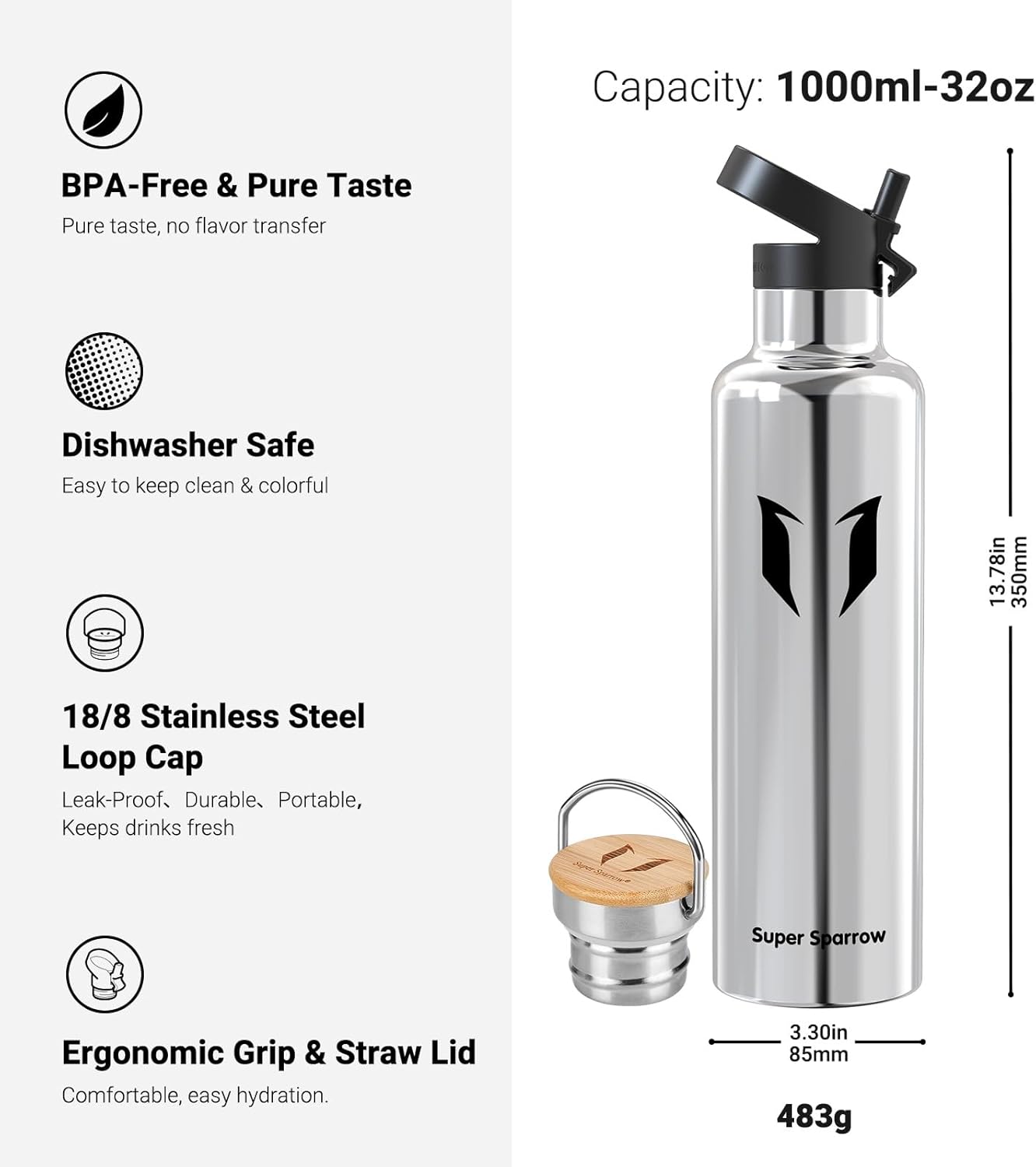 Detalle de Super Sparrow Botella Agua Acero Inoxidable 1L 🚰
