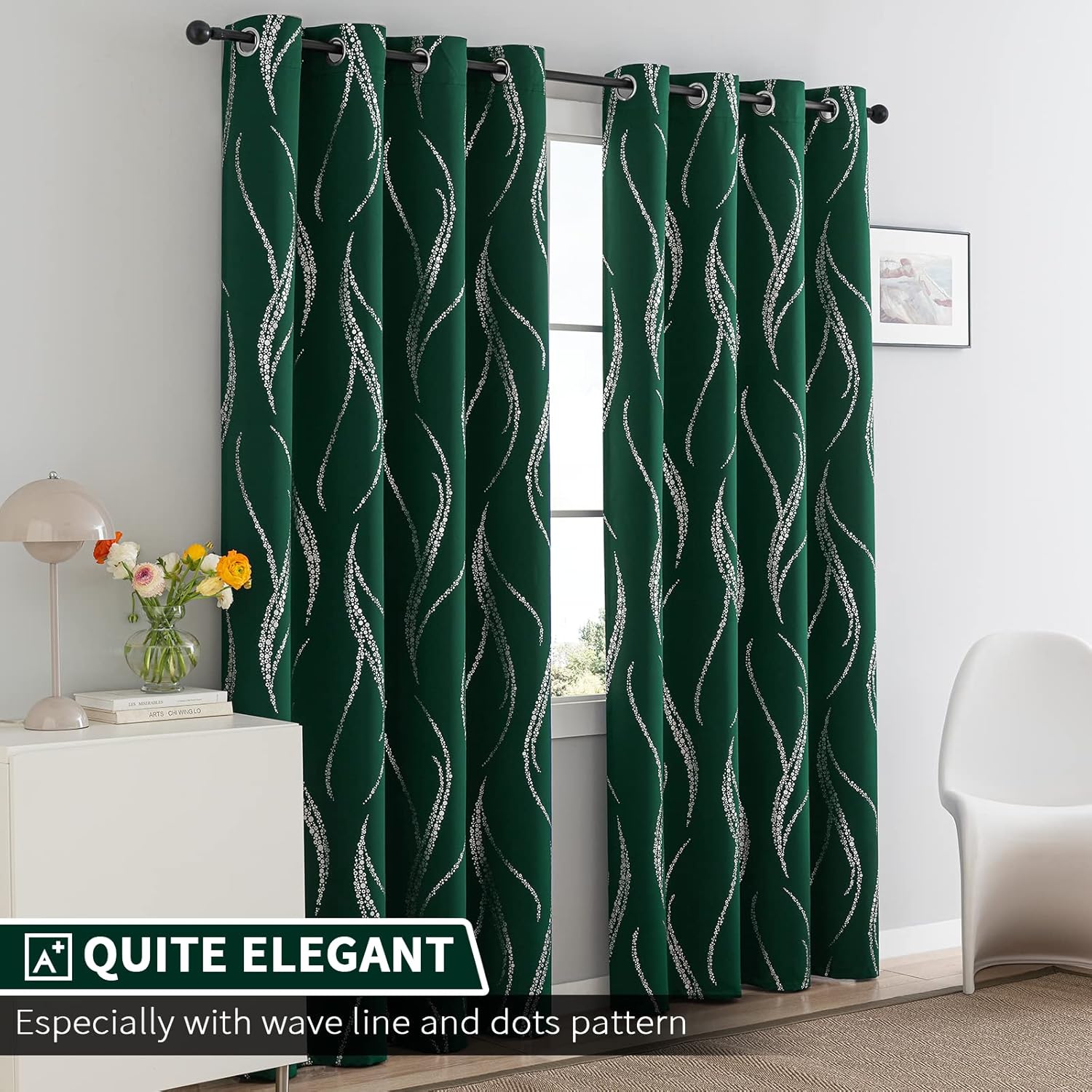 Thumbnail 1 de Yakamok Blackout Curtains 95" Emerald Green Silver Wave Dots 2 Panels
