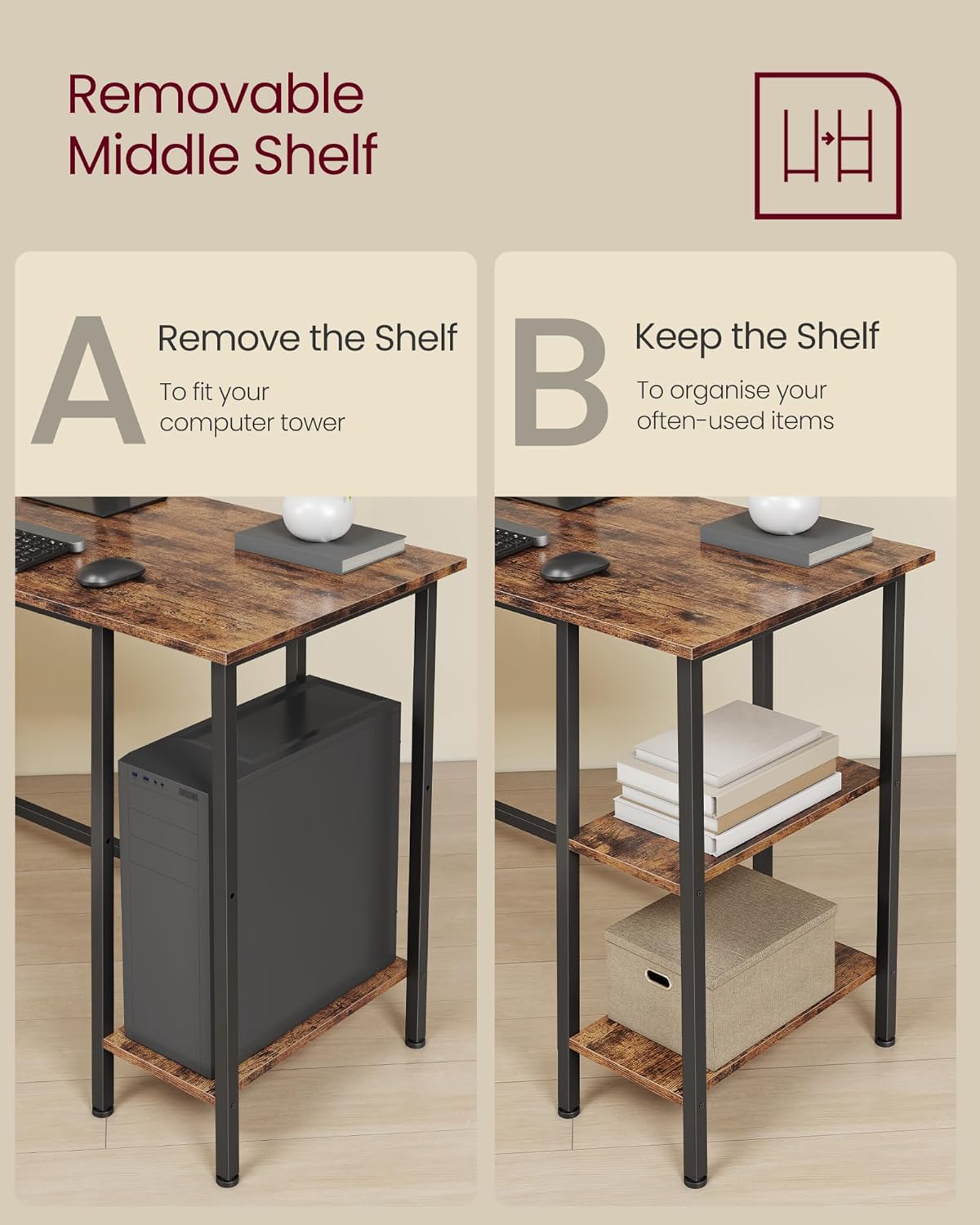 Thumbnail 4 de VASAGLE L-Shaped Corner Desk (LWD123K01V1) — 130 x 130 cm, Rustic Brown & Ink Black
