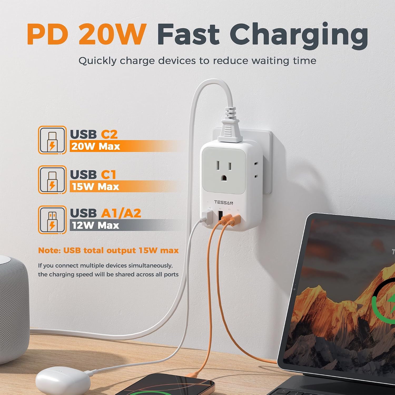 Thumbnail 1 de TESSAN TS-WS06US00 Wall Outlet Extender, 4 AC Outlets, 4 USB Ports